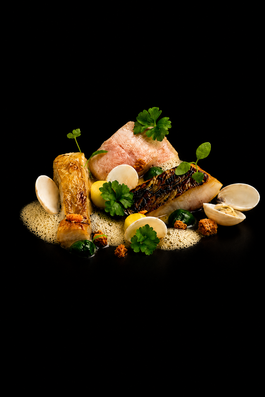 Assiette gastronomique avec poisson, coquillages, herbes, et mousse.