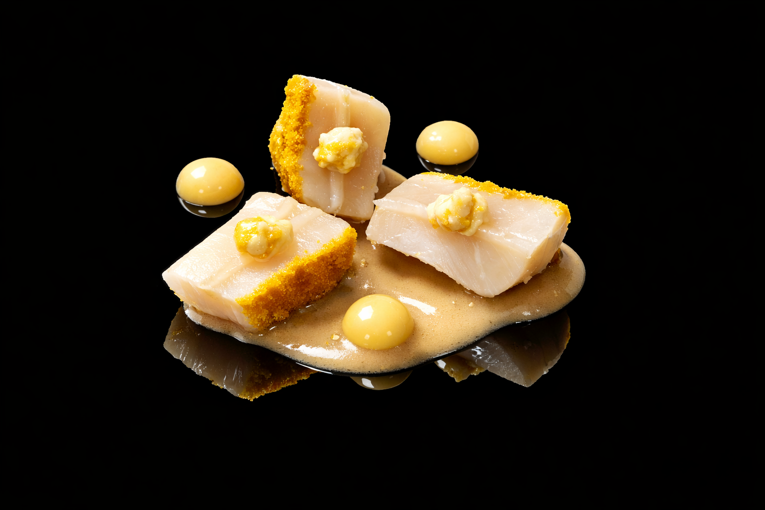 Filets de poisson blanc nappés d'une sauce, garnis de touches de mayonnaise ou d'une sauce jaune, présentés sur une surface noire.