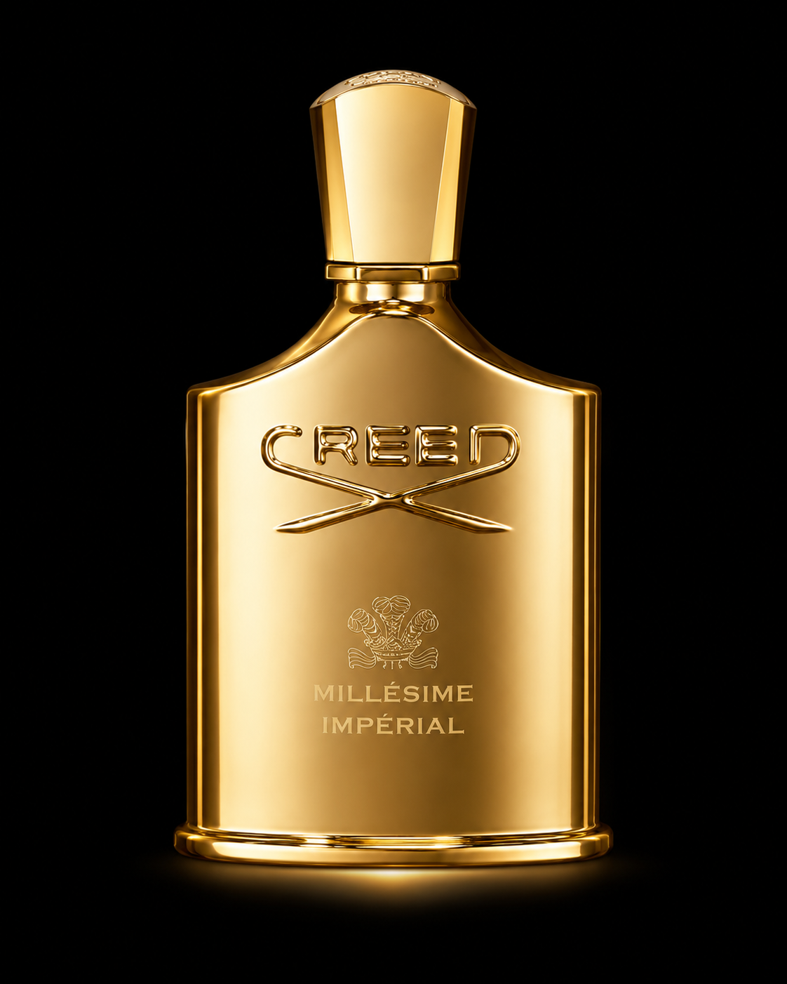 Flacon de parfum doré avec l'inscription 'CREED', 'Millésime Impérial' et un motif de couronne, sur fond noir.