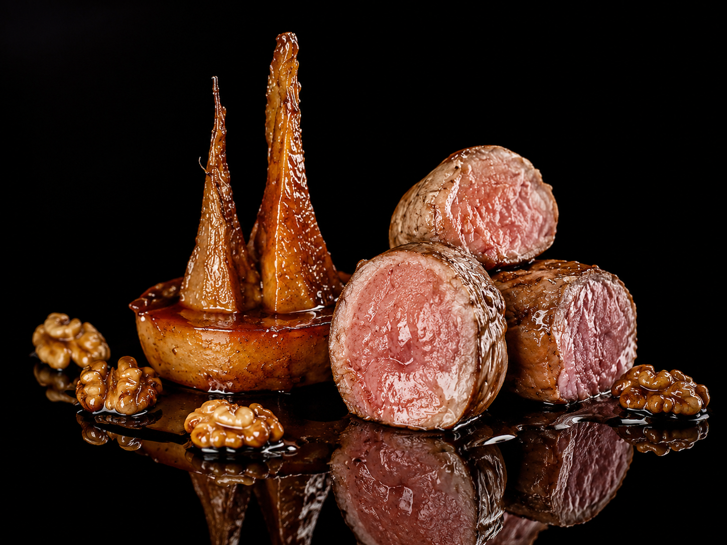 Filet mignon de veau rosé, servi avec des noix, accompagné d'une compote de pommes ou chutney, présenté sur une surface noire avec un reflet