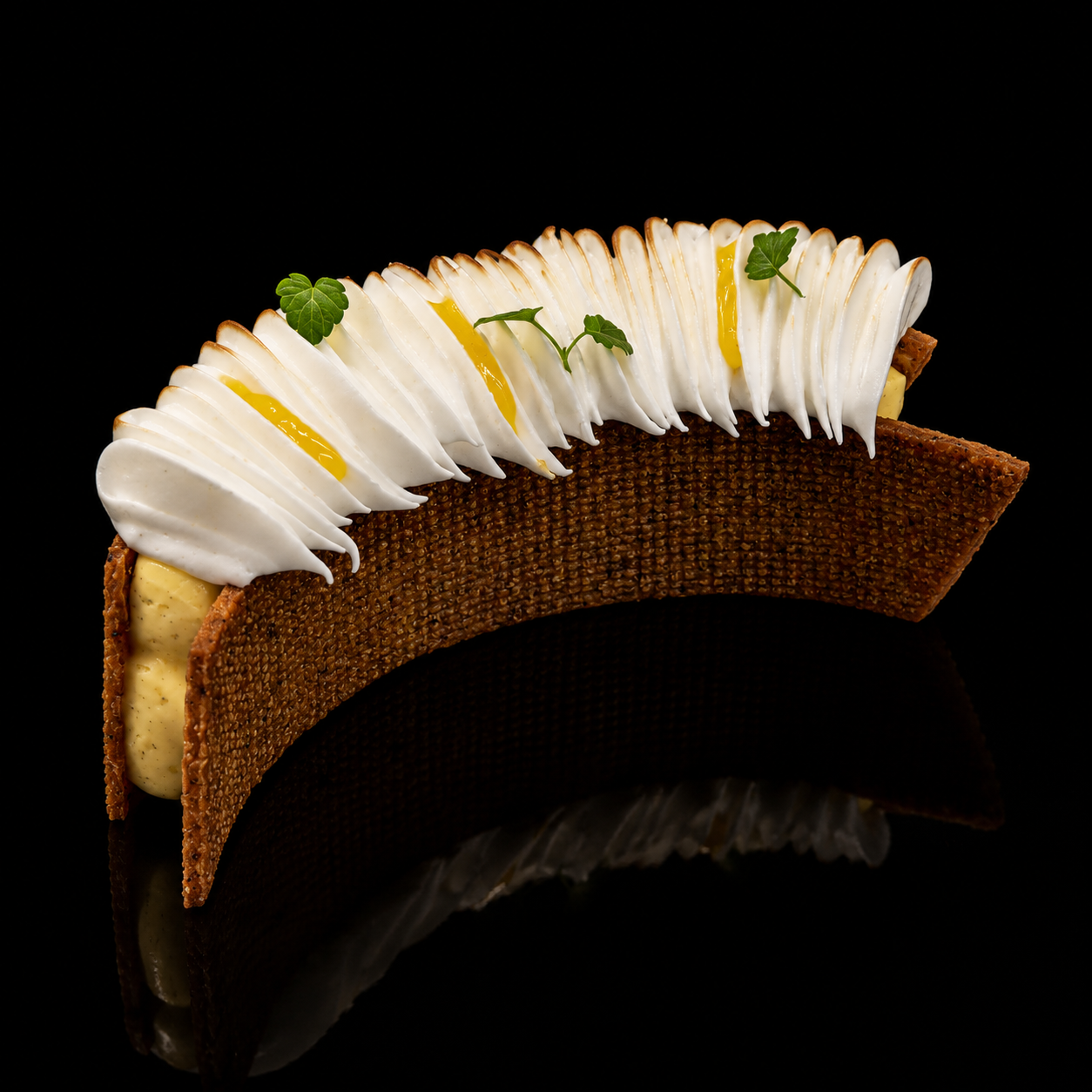 Dessert avec une coque croustillante, crème à l'intérieur, garniture de meringue, kiwi et feuilles de menthe, sur fond noir.