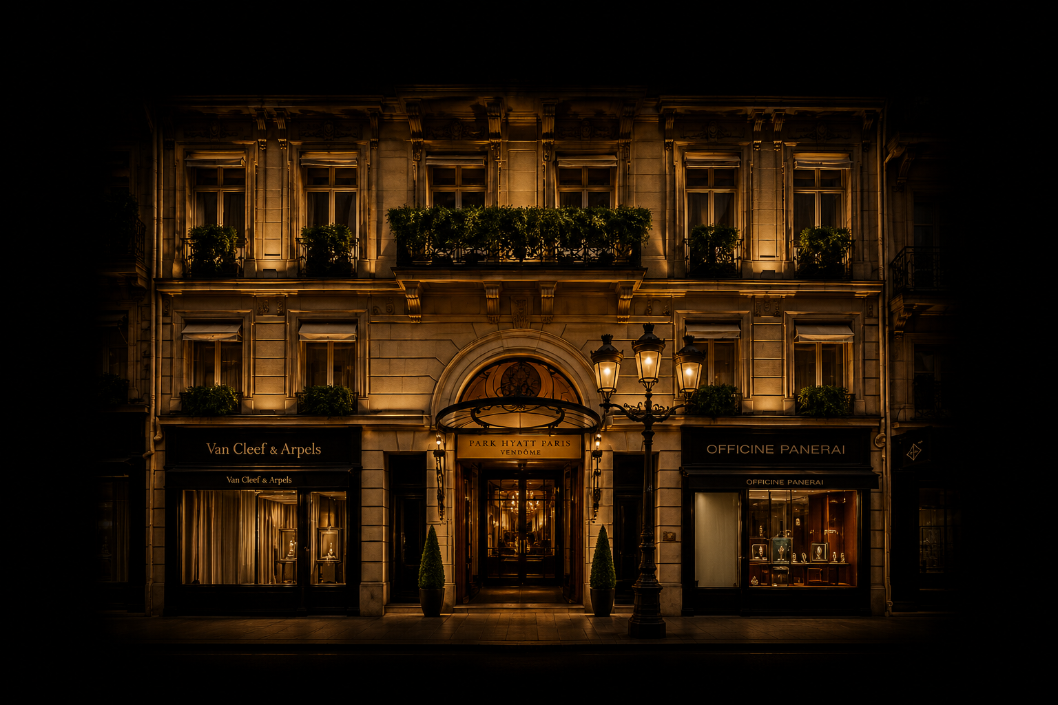 Façade éclairée d'un hôtel de luxe à Paris avec boutiques Van Cleef & Arpels et Panerai, et un lampadaire traditionnel en avant-plan.