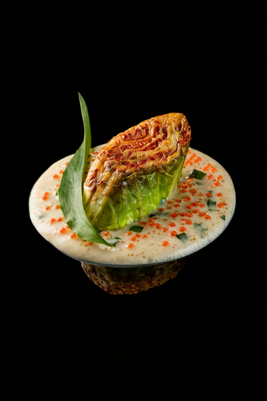 Ficelle de bacon enroulée dans une feuille de laitue, placée sur une sauce blanche avec des petits grains orange, sur un fond noir.