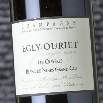 Étiquette de champagne Egly-Ouriet, producteur dans la région de Champagne, mentionnant les vins Les Crayères et Blanc de Noirs Grand Cru.