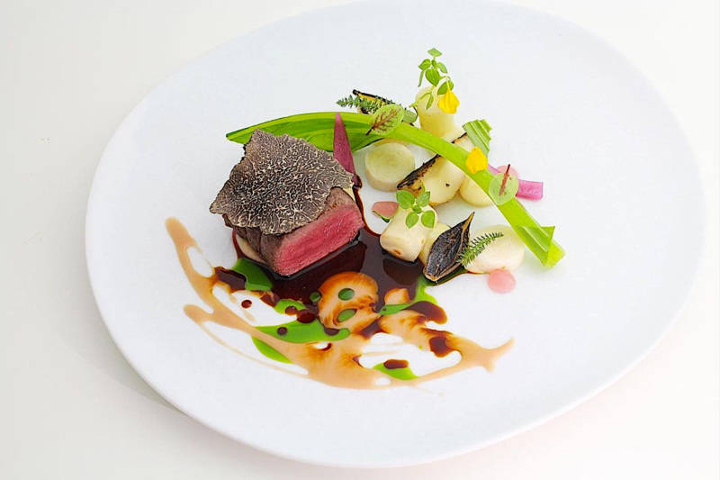 Assiette gastronomique avec un morceau de viande, légumes, herbes et sauces artistiques.