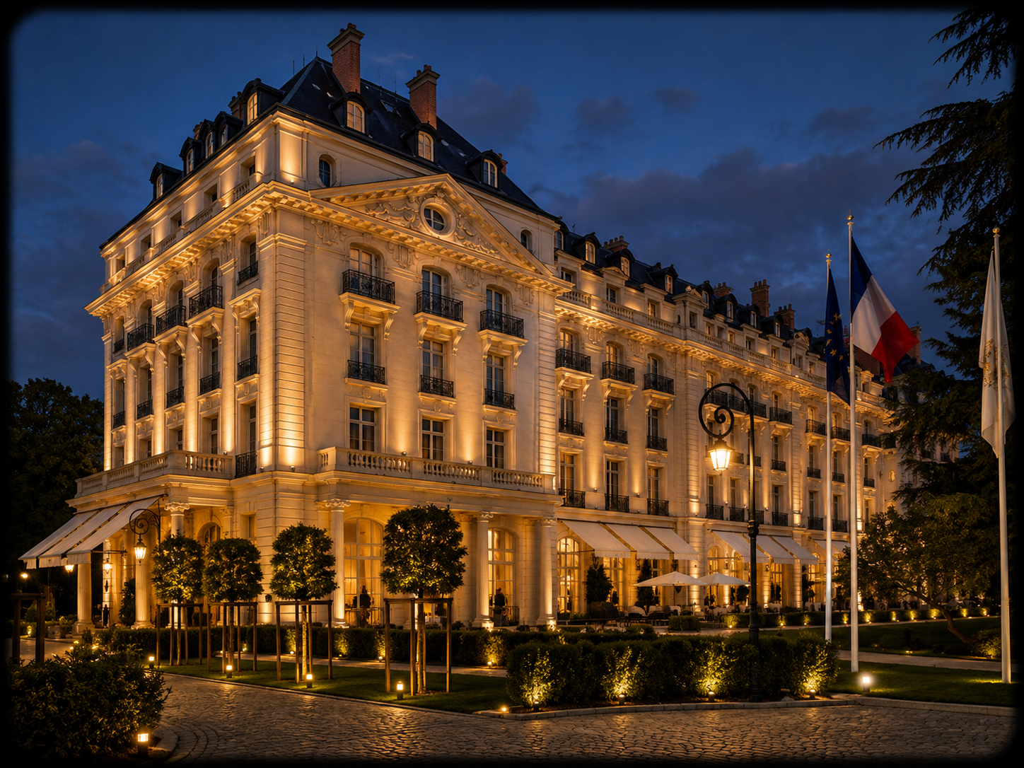 Un grand bâtiment de style haussmannien illuminé la nuit, avec des drapeaux français et européens devant, entouré d'un jardin avec des lampadaires et des arbres