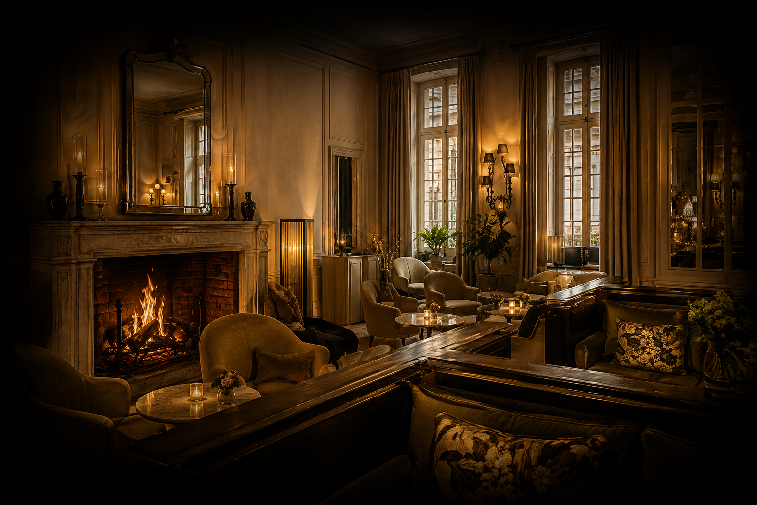 Salon chaleureux avec cheminée allumée, grands volets en bois, mobilier en tissu et plantes vertes, ambiance cosy et élégante.