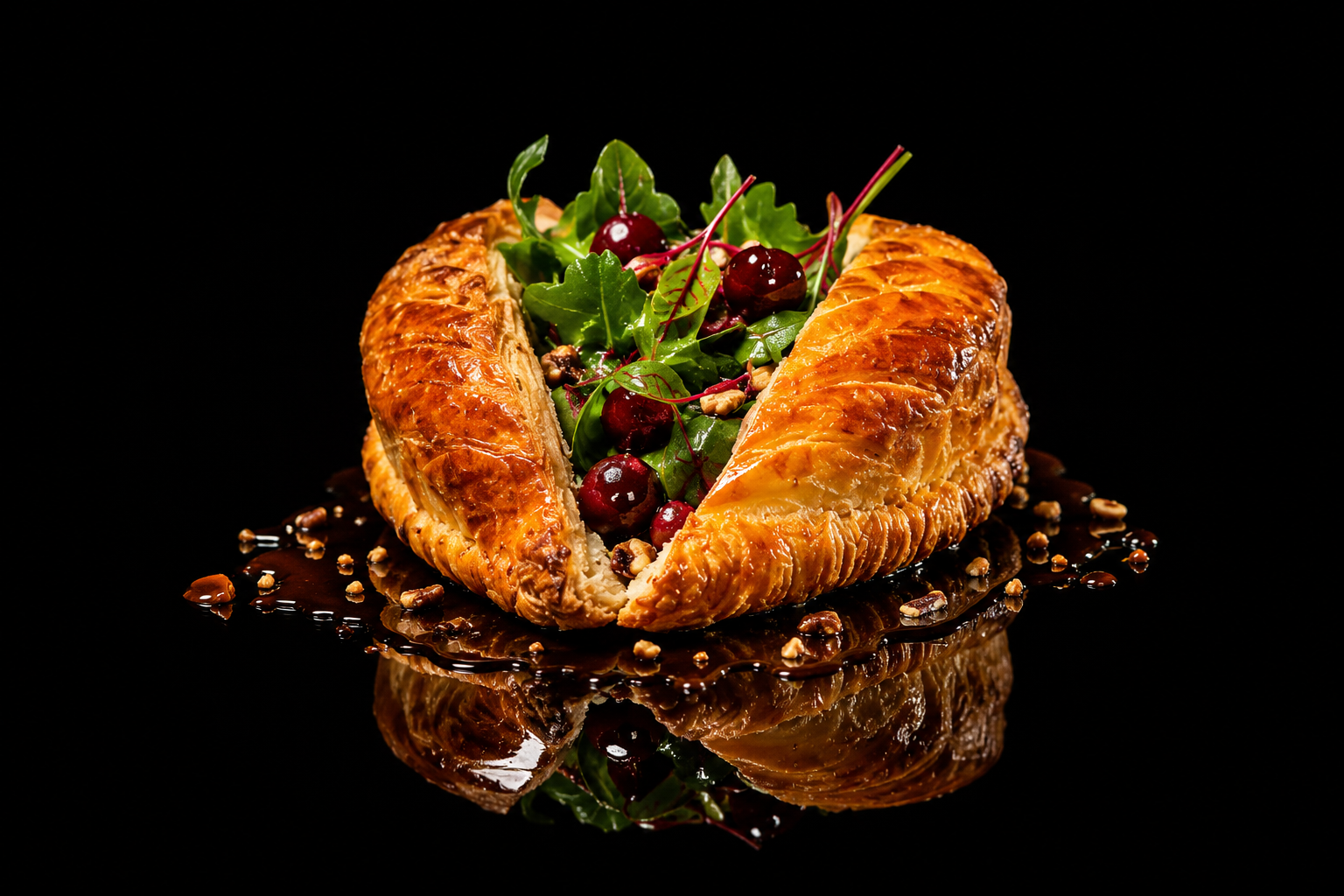 Tarte salée avec une garniture de salade verte et de cerises, sur fond noir