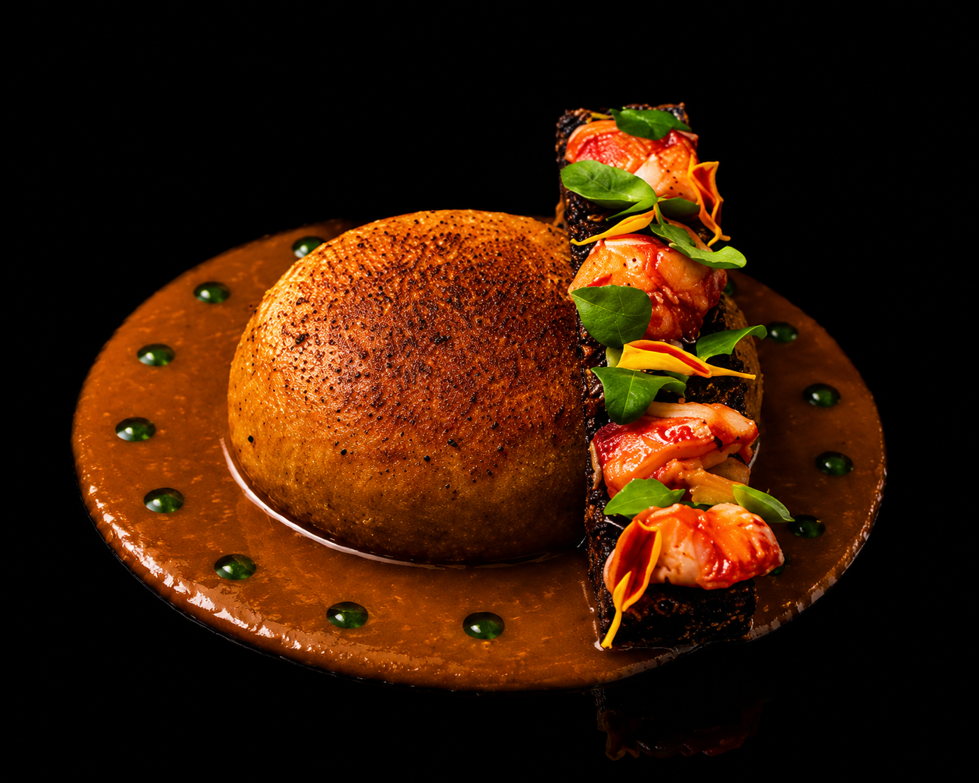 Un plat gourmet avec un pain de maïs en croûte, une tranche de sushi avec des crevettes, des feuilles vertes et des fleurs comestibles, présenté sur une assiette noire avec une sauce brune.