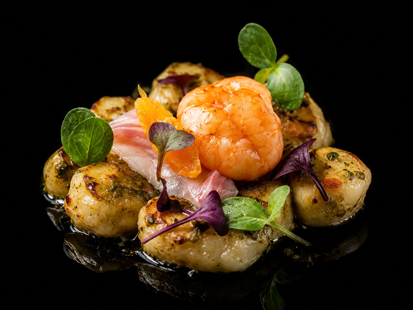 Plat artistique avec morceaux de scallops grillés, crevette, fines herbes vertes, feuilles violet foncé, et garnitures colorées, présenté sur un fond noir.