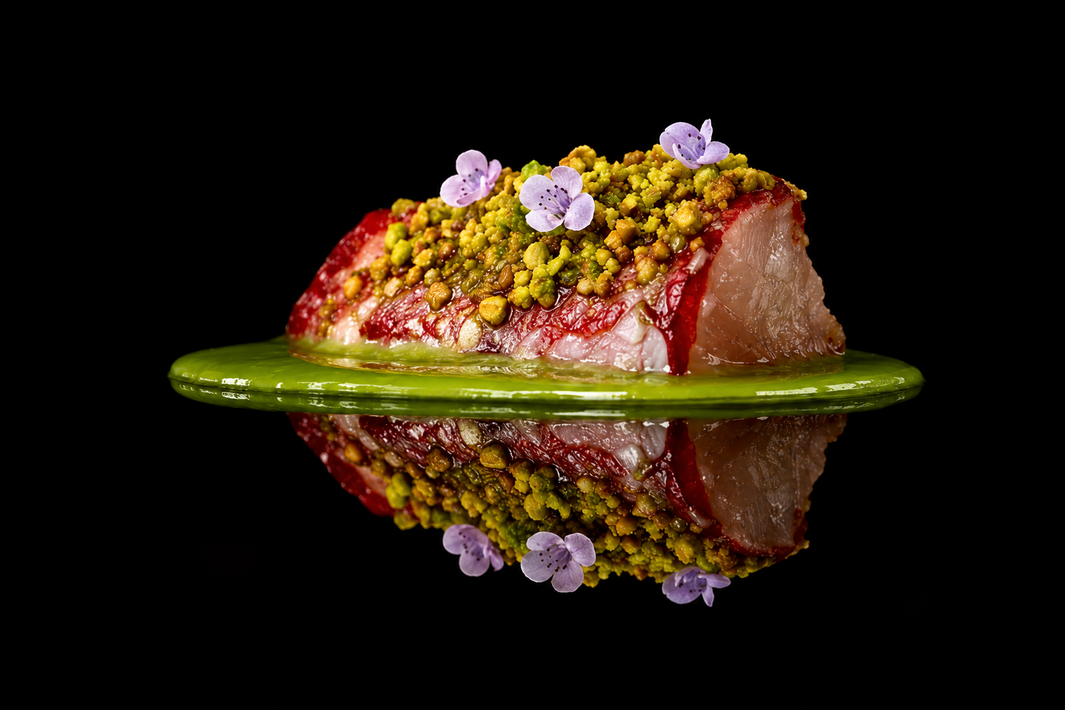 Gros plan d'un plat de poisson cru garni de pistaches, fleurs violettes, avec un cercle de sauce verte et reflet noir