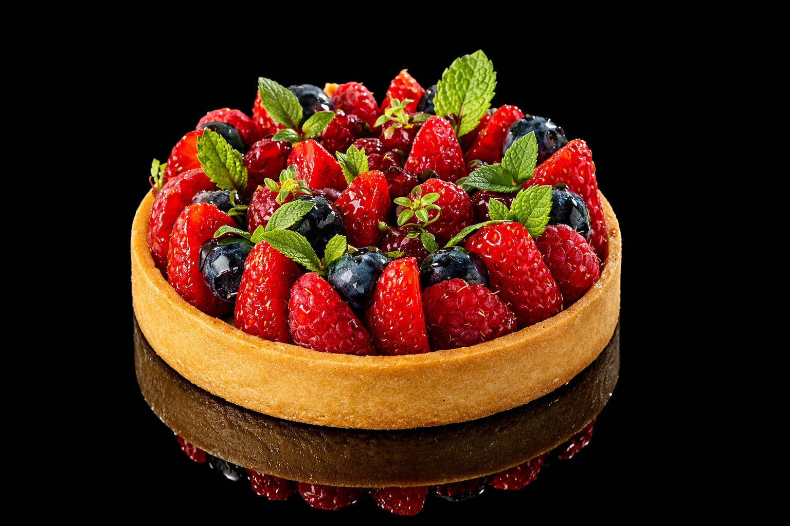 Tarte aux fruits rouges avec des fraises, framboises, myrtilles et feuilles de menthe