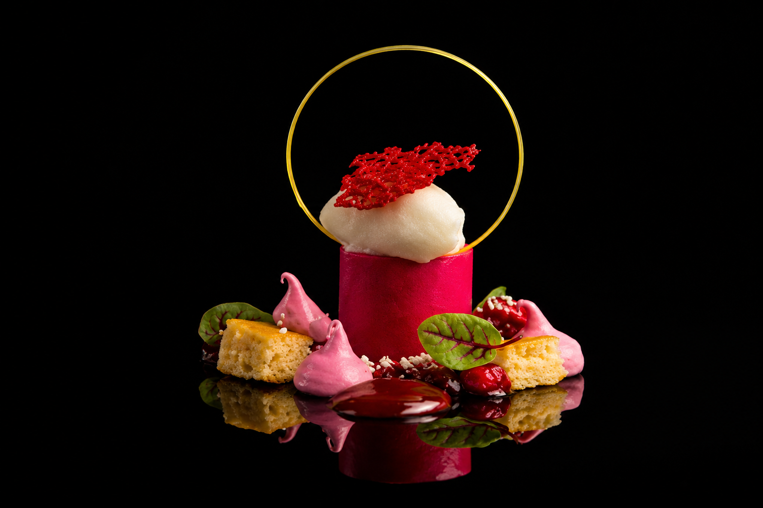 Un dessert élégant avec une mousse blanche sur un support rose, décorée d'une fine sculpture rouge, de feuilles vertes, de petits biscuits, de meringues roses et de fruits rouges, sur fond noir.