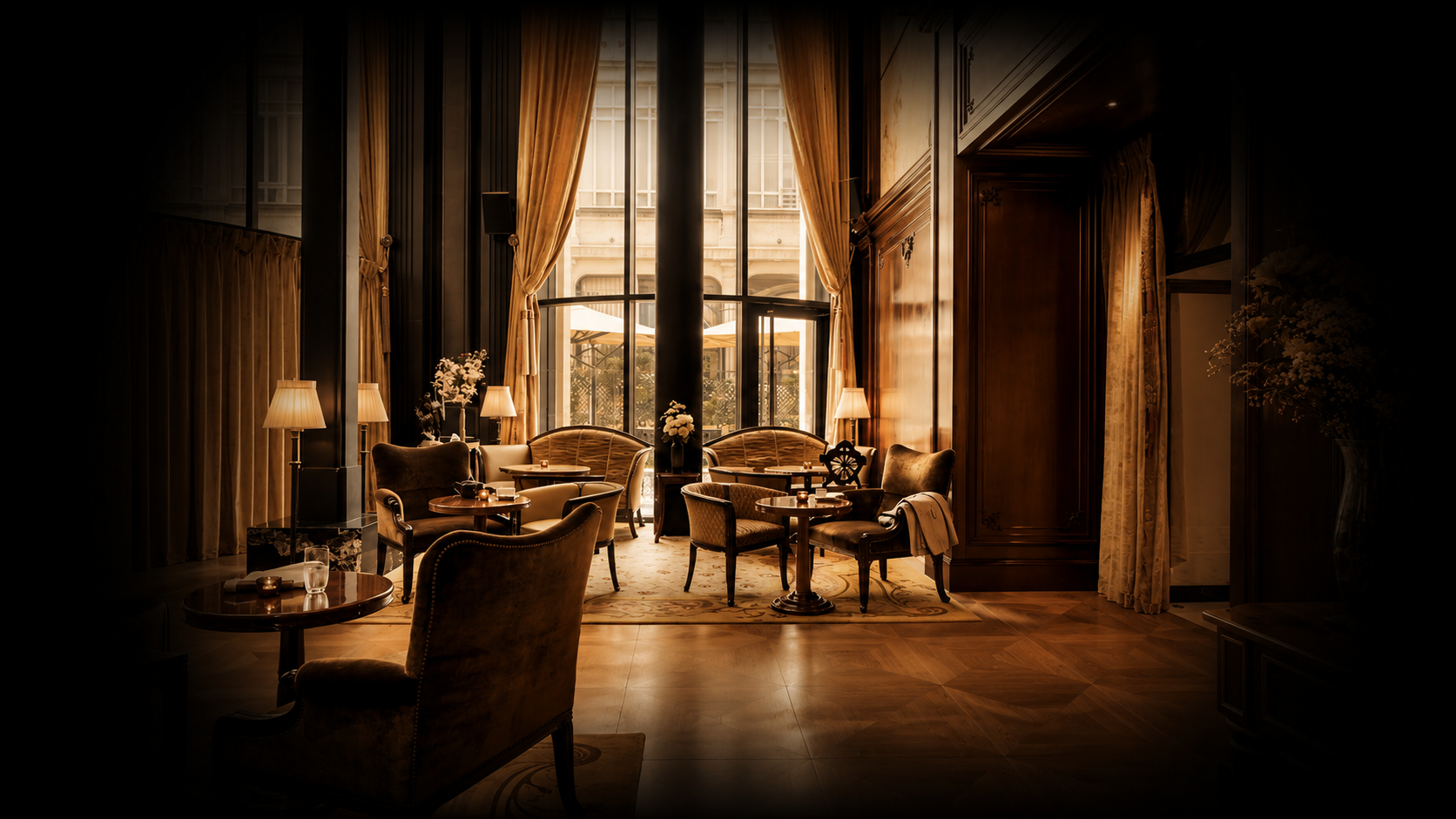 Salon élégant avec grande fenêtre, rideaux en velours dorés, fauteuils en cuir, tables en bois, lampes d'ambiance, et décorations florales luxe.
