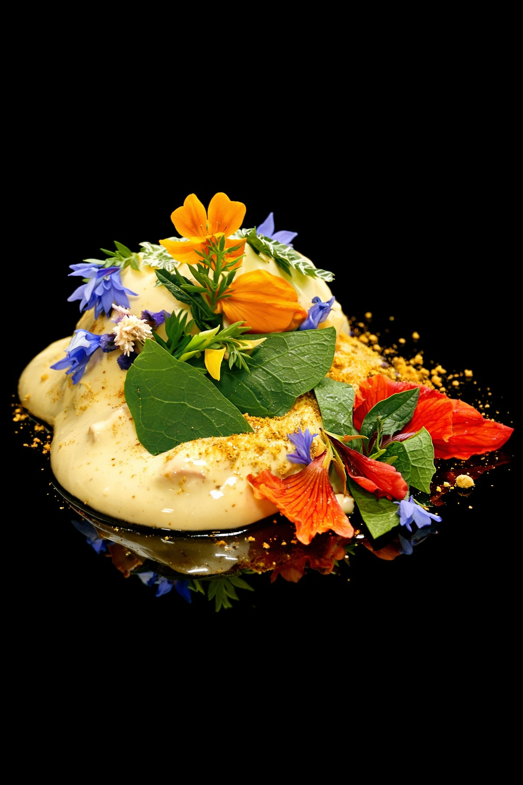 Un dessert décoré avec des fleurs comestibles et des feuilles vertes, posé sur une surface noire.