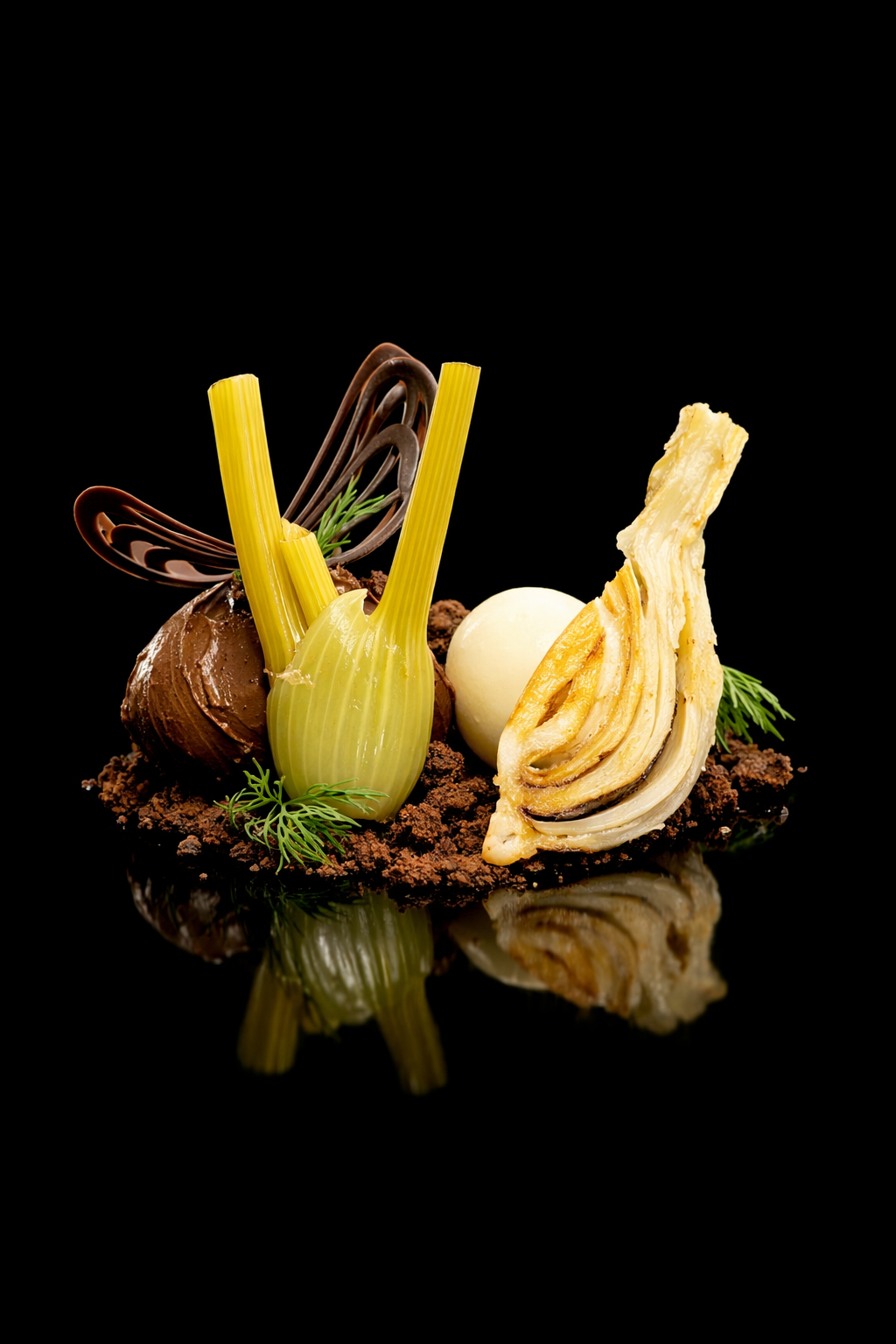 Plate de dessert avec des éléments de chocolat, des pâtes de fruits, et des décorations avec des herbes vertes, sur un fond noir