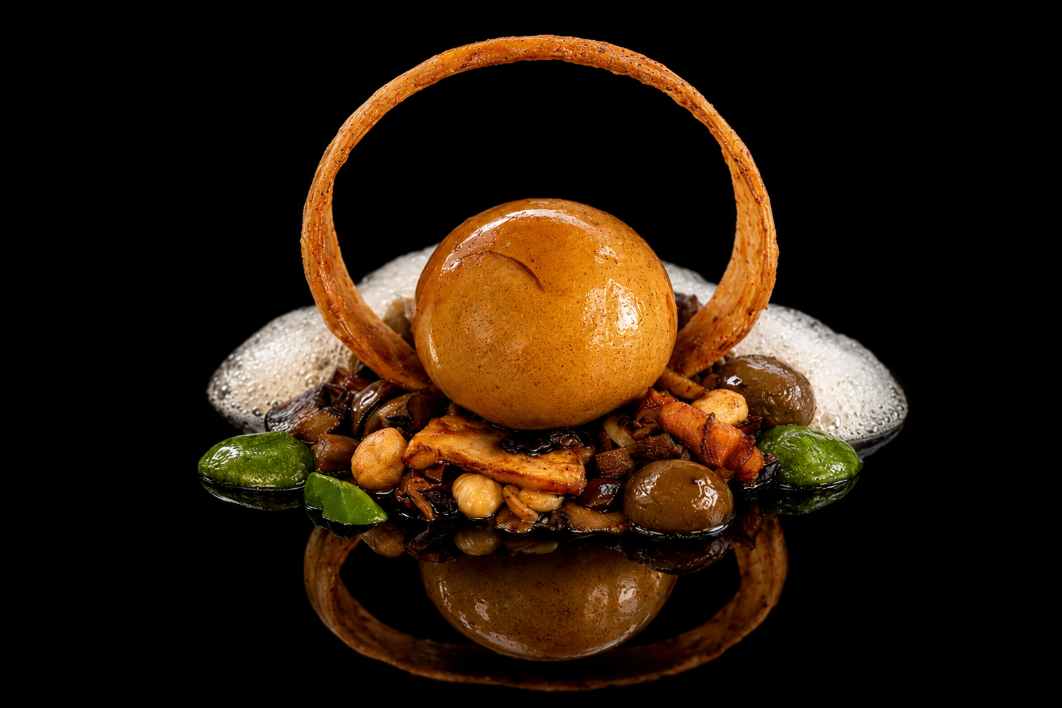 Présentation d'un plat gastronomique avec un œuf au centre, entouré de légumes et de garnitures diverses, sur un fond noir.