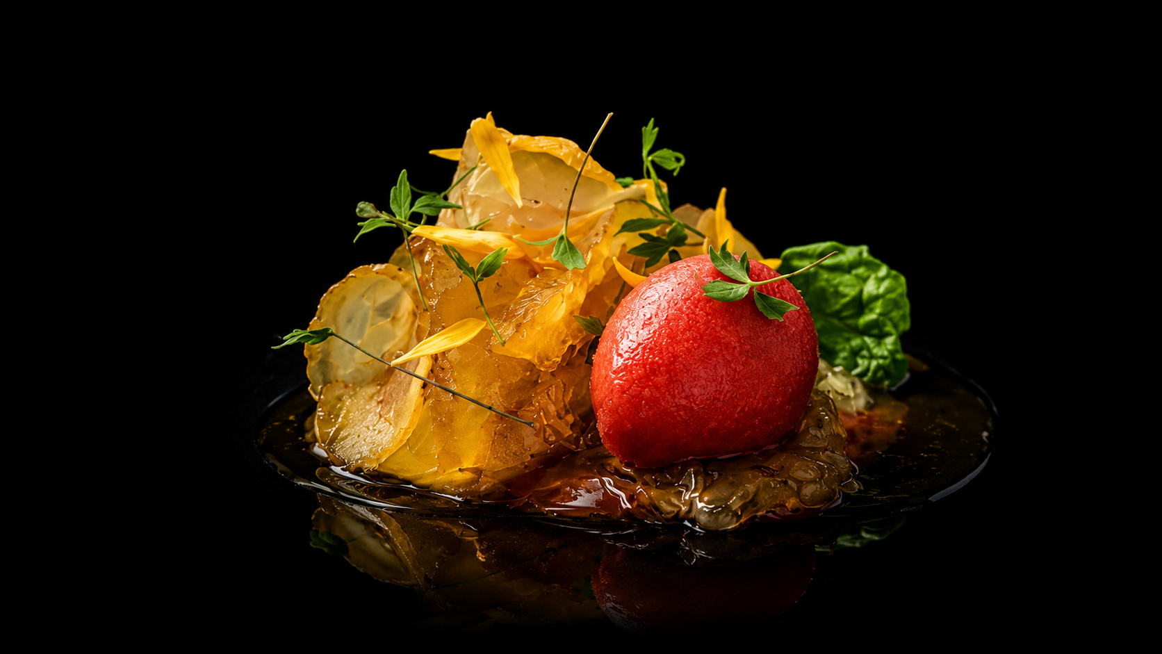 Assiette gastronomique avec un morceau de viande, une boule de glace à la tomates, des feuilles de laitue, et des garnitures végétales, présentée sur fond noir.