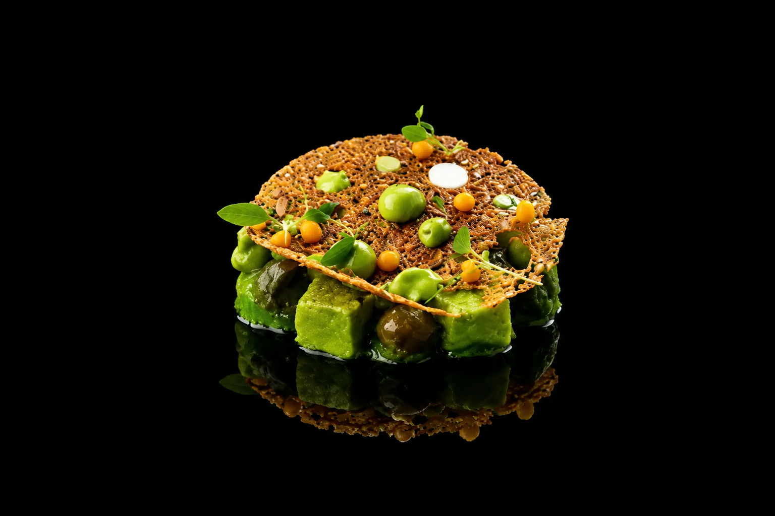 Un plat de gastronomie moderne avec des cubes de purée verte, garnis de graines et de petites feuilles vertes, sur un fond noir.