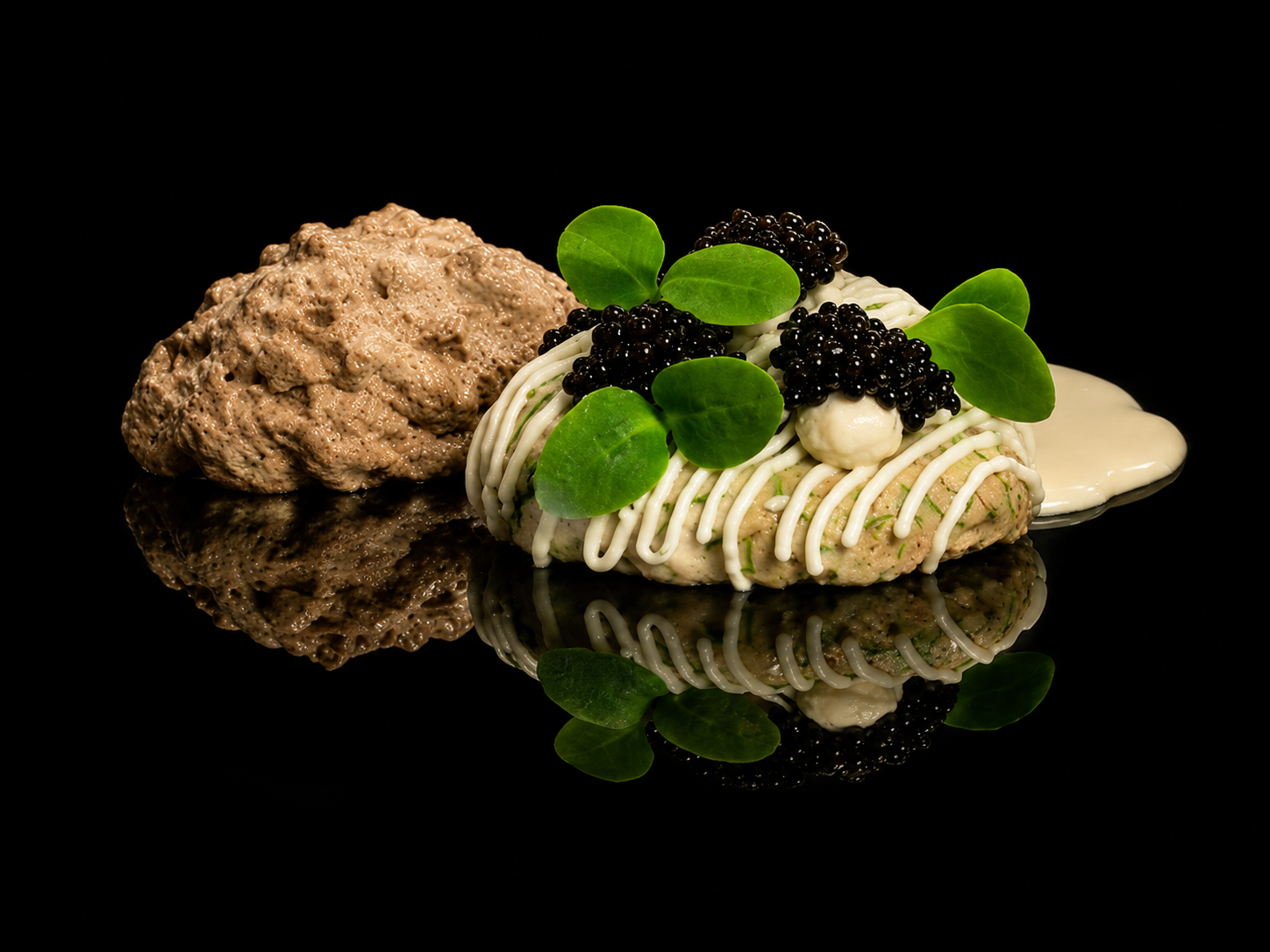 Une assiette de tartare de poisson garni de câpres, de feuilles vertes, de mayonnaise et de crème, avec une pâte de foie à côté, sur un fond noir.