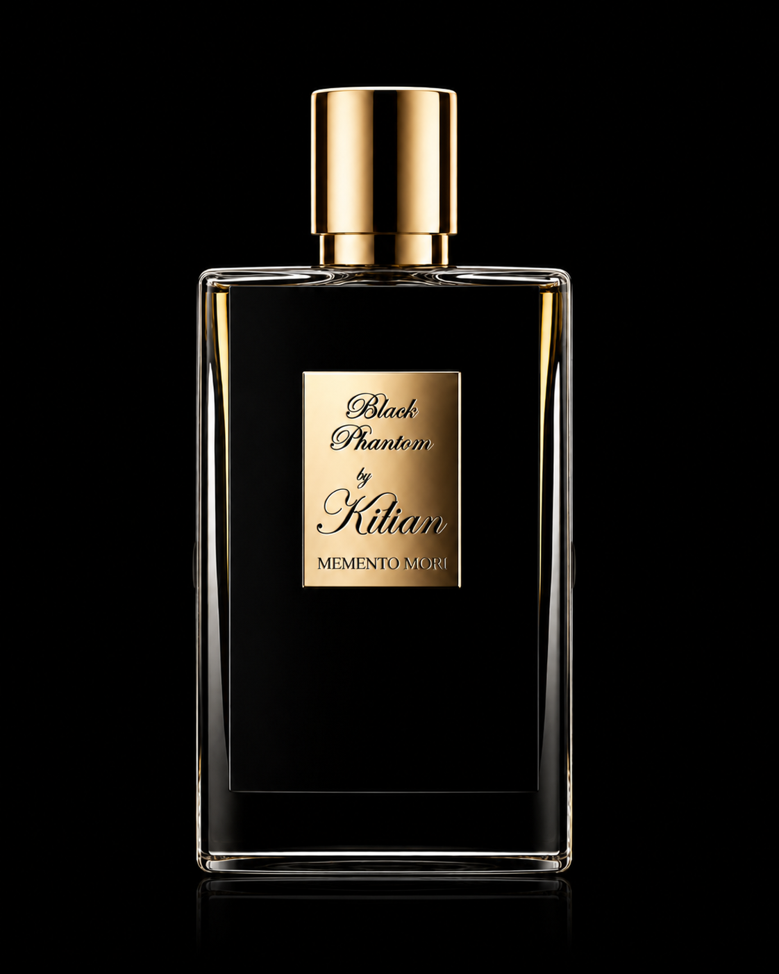 Bouteille de parfum noire avec un étiquetage doré, intitulée "Black Phantom by Kitian Memento Mori" sur fond noir.