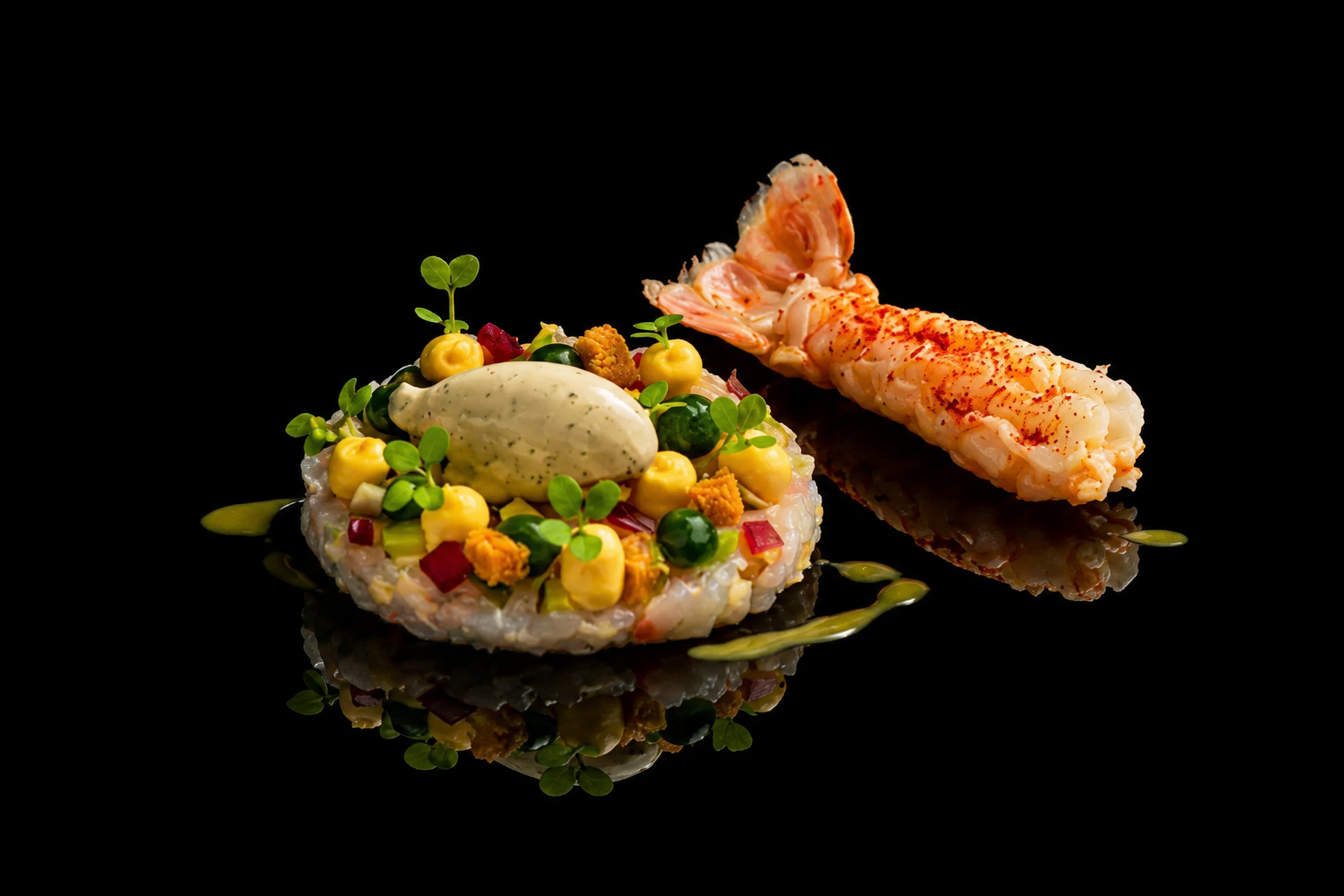 Assiette de sushi avec crevette, garnitures colorées, et micro-pousses, sur fond noir.