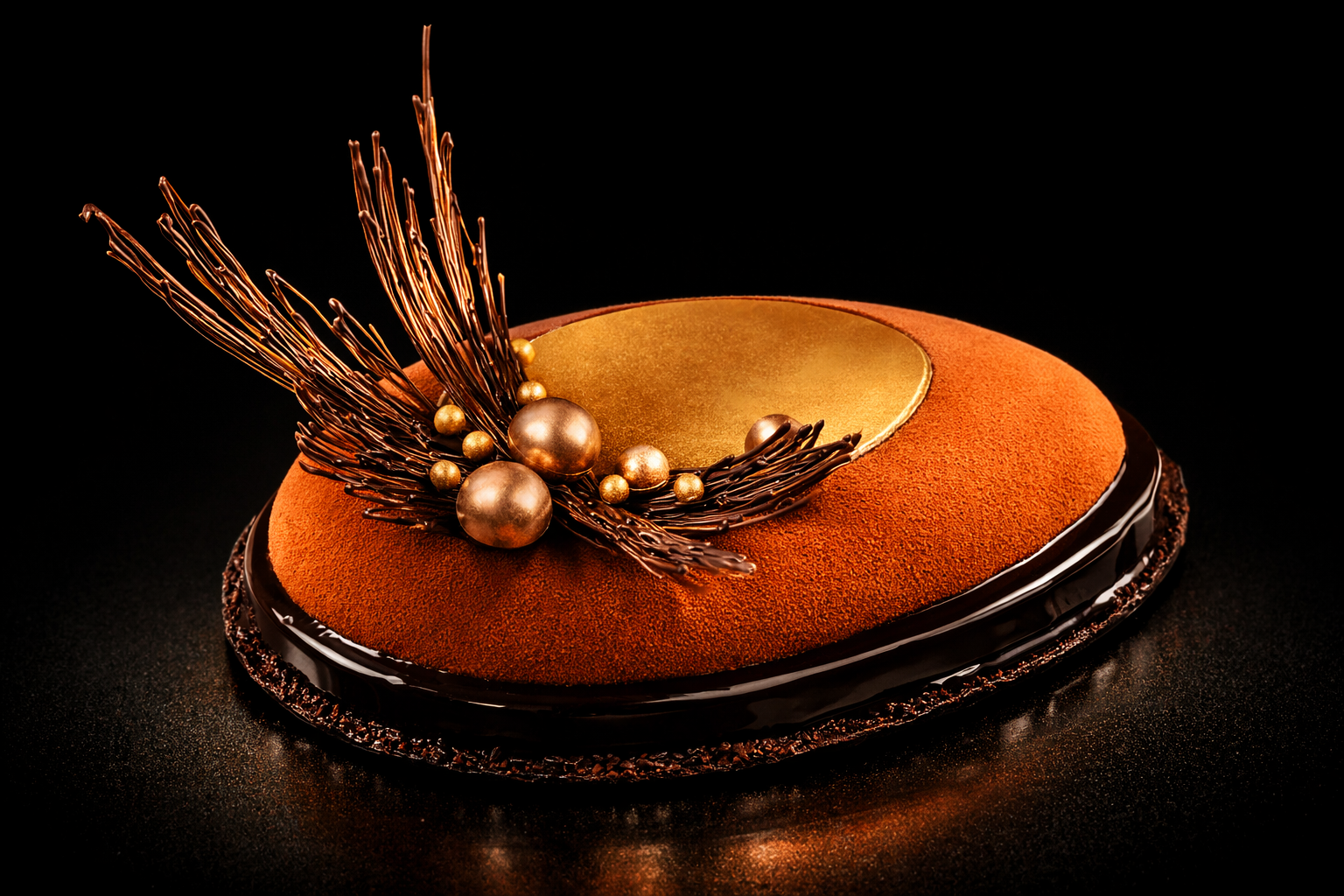 Gâteau au chocolat orange avec décoration en chocolat doré et sphères en chocolat, présenté sur un fond noir.