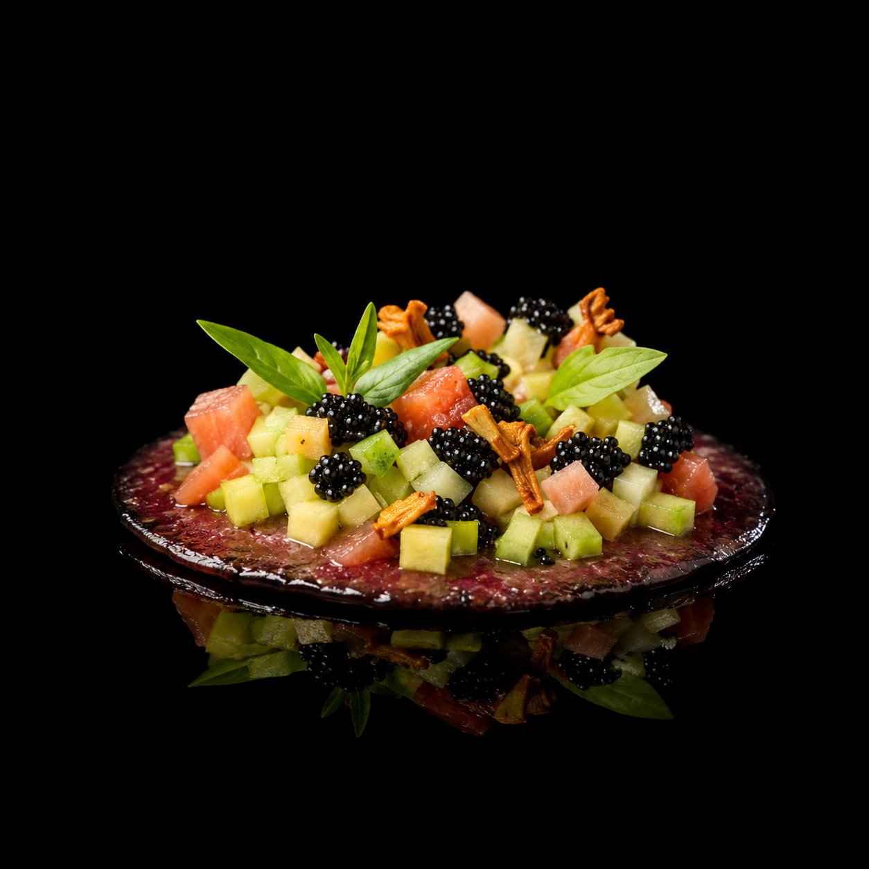 Salade de fruits colorée avec melon, pastèque, concombre, mûres, noix de pécan, et basilic sur fond noir