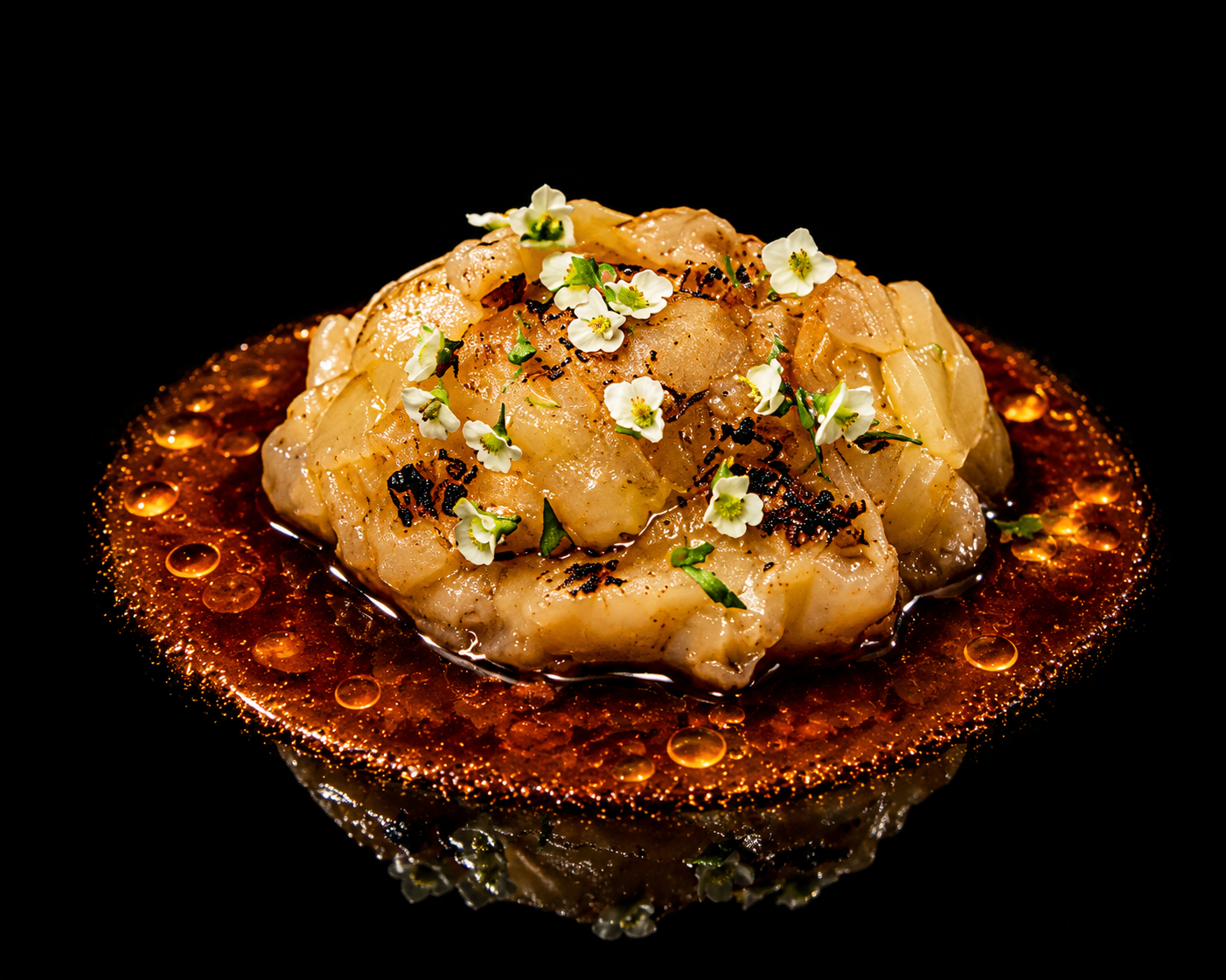 Plat de poisson cuit, garni d'herbes et fleurs comestibles, dans une sauce sombre avec des gouttelettes d'huile.
