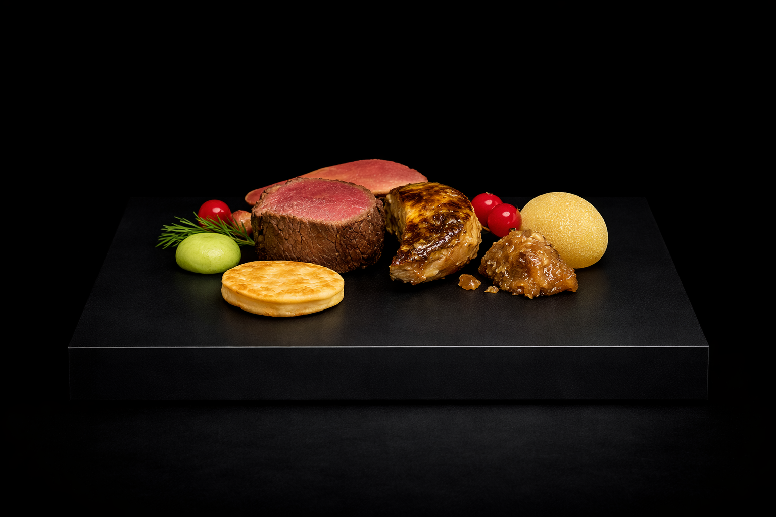 Assiette de viande rouge, ananas, petits pains, garnitures, et décorations sur un fond noir.
