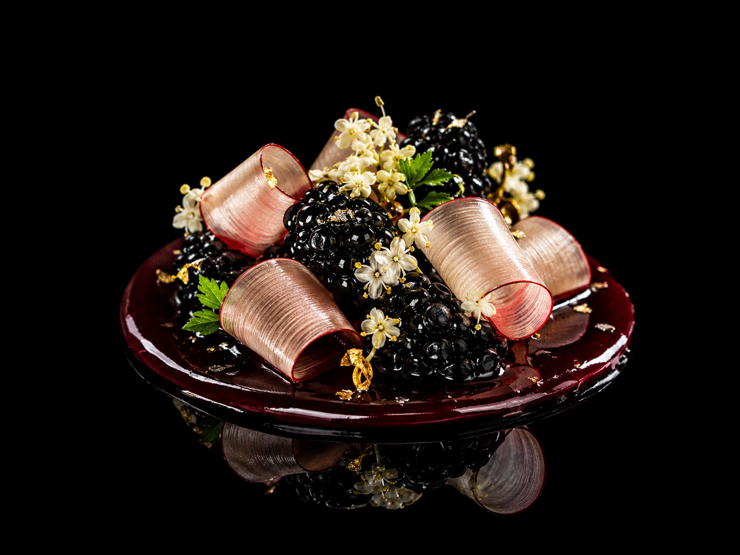Un dessert élégant avec des mûres noires, des fleurs blanches, des feuilles vertes, des éclats d’or, et des rubans roses sur une assiette rouge foncé, contre un fond noir.