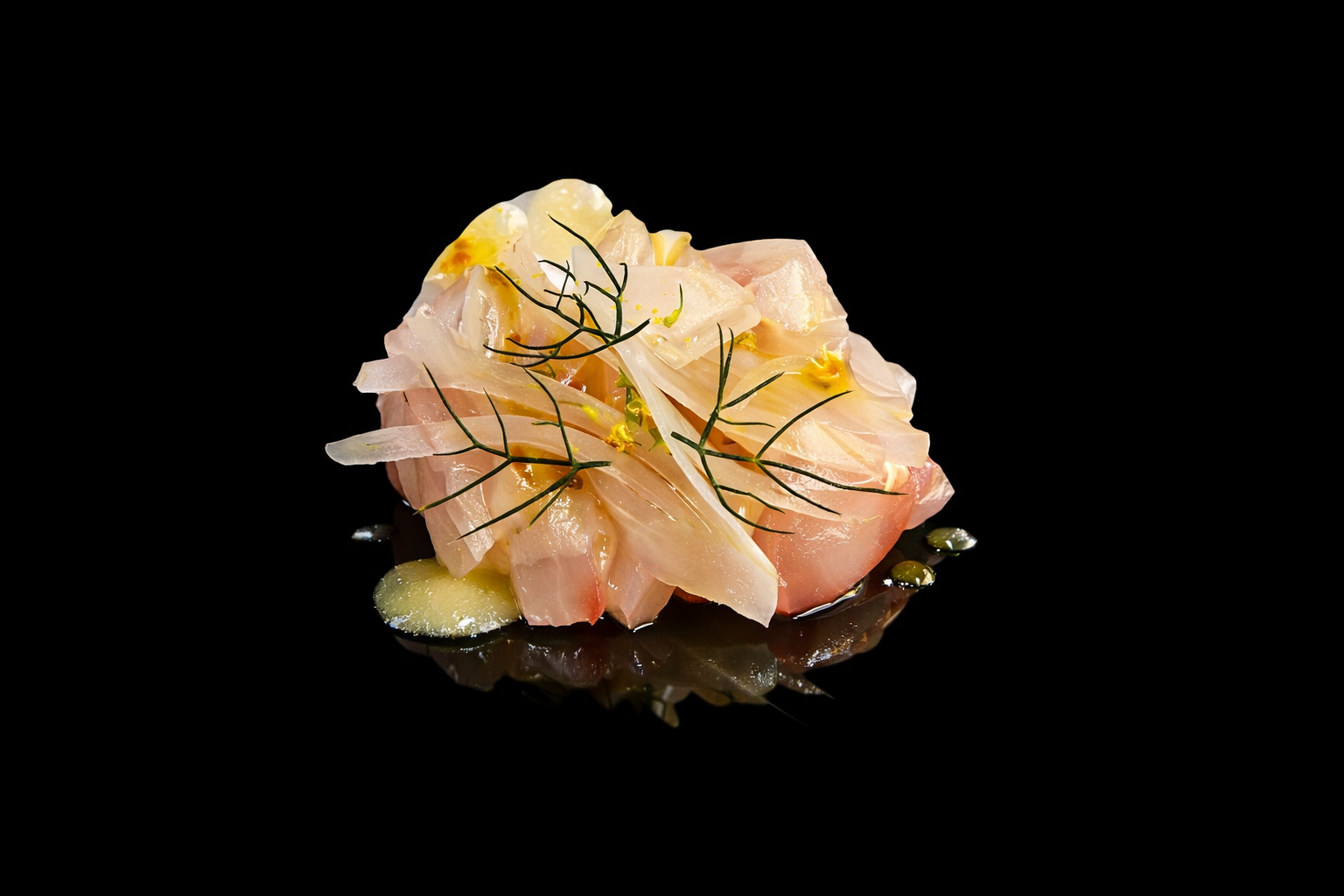 Tartare de poisson avec des fines herbes et de l'huile sur une surface noire