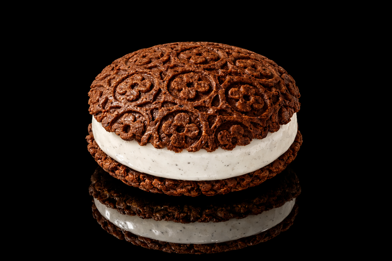 Un biscuit sandwich avec une crème blanche au centre, sur un fond noir