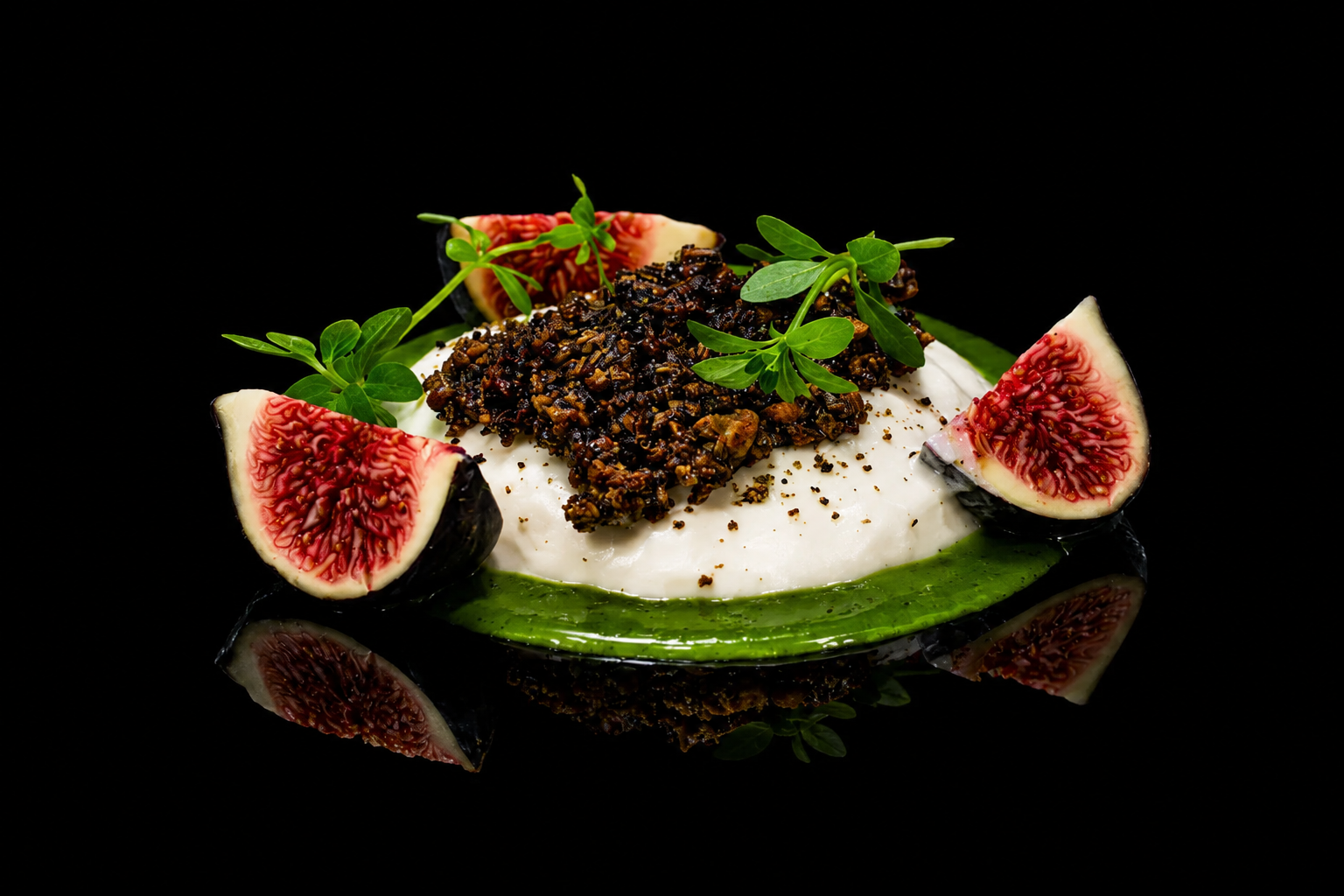 Assiette de fromage avec des figues coupées, des pousses d'herbes et un toast, sur un fond noir.