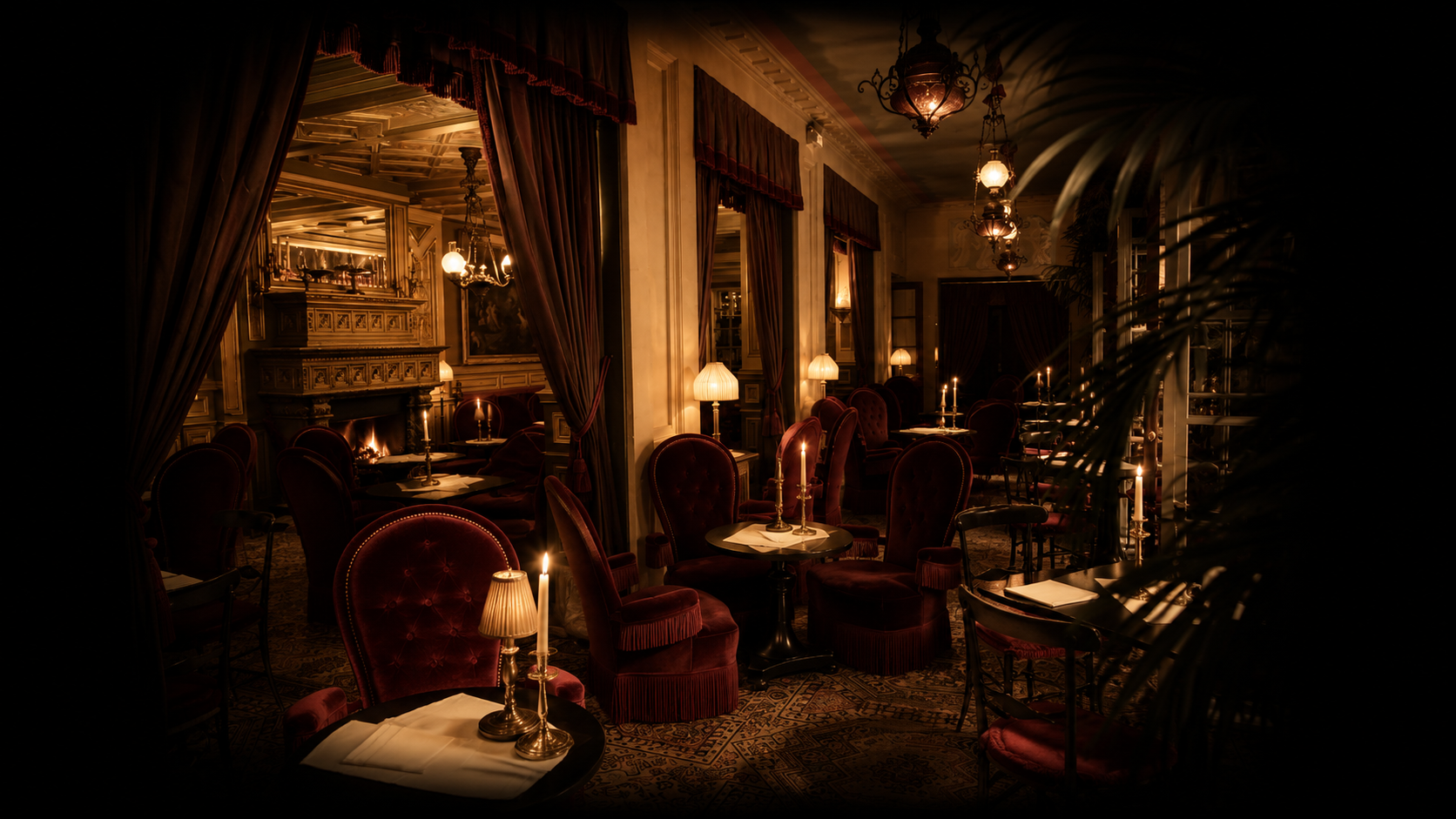 Une salle à manger élégante avec des tables ronde, des chandeliers, des lampes à abat-jour douce, des rideaux en velours et des lampes suspendues, ambiance chaleureuse et sophistiquée.