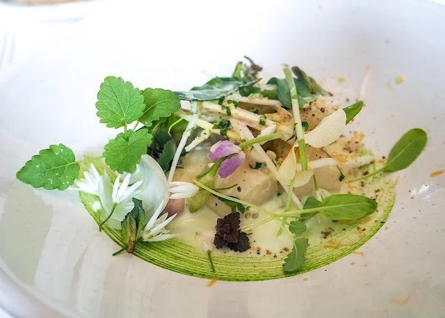 Salade composée avec des feuilles vertes, des fleurs comestibles, et une vinaigrette.