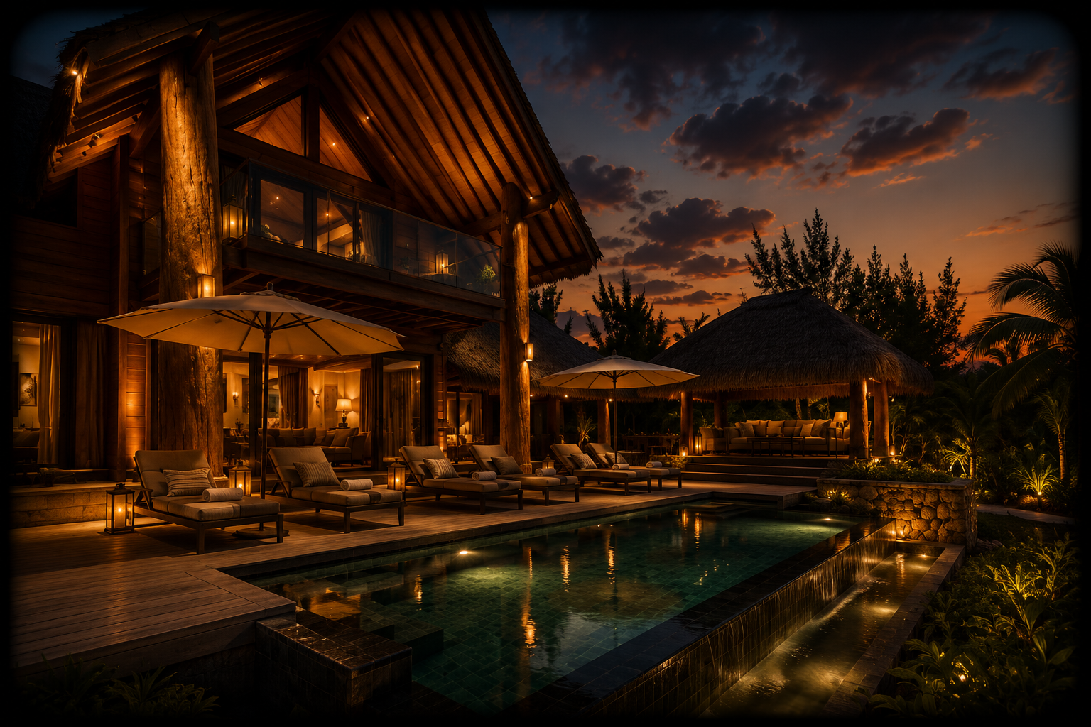 Une maison en bois avec un espace piscine, des transats, parasols, et un espace détente sous un toit en thatch, lors d'un coucher de soleil.