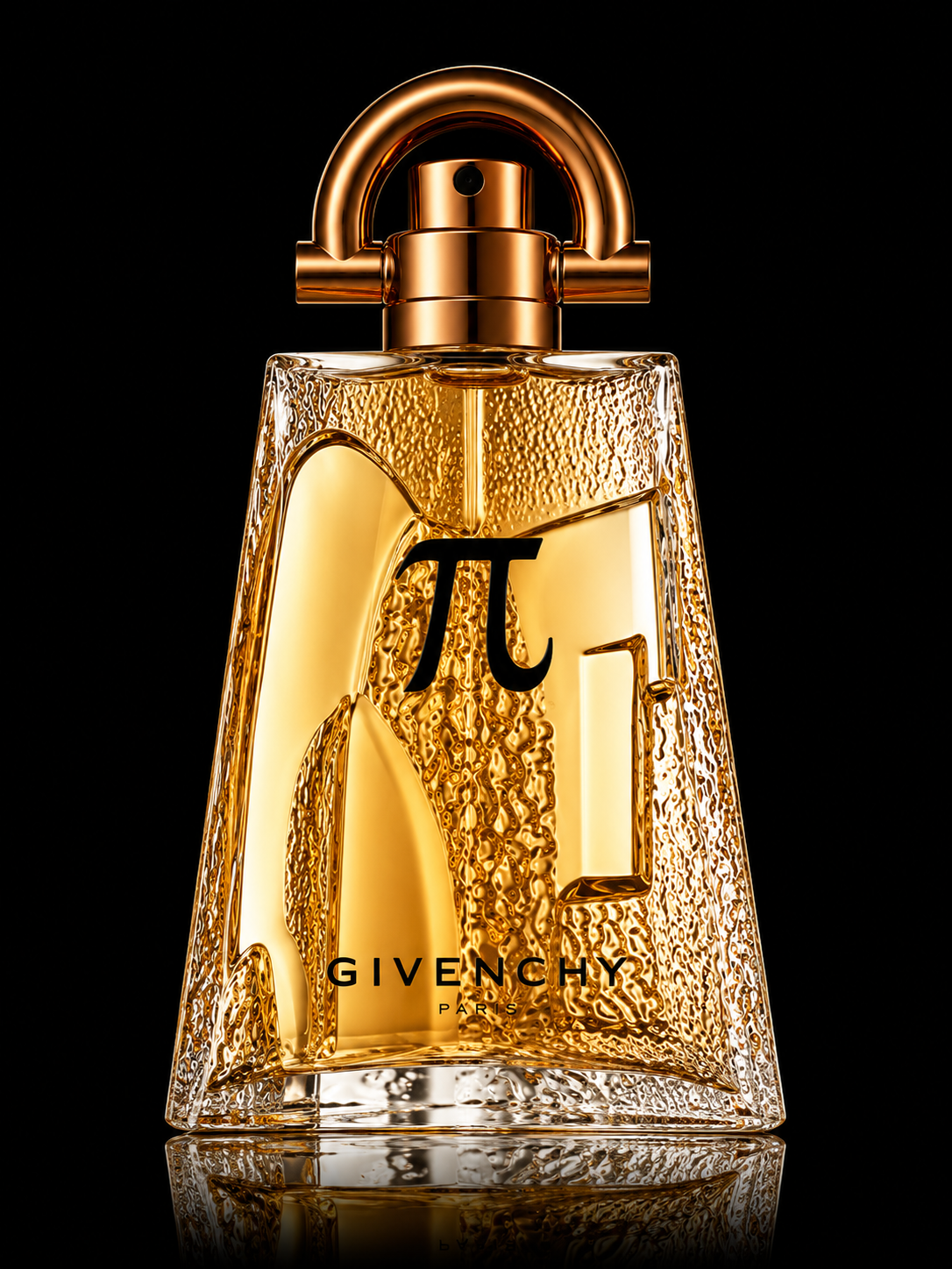Parfum Givenchy porté sur un fond noir, flacon en verre translucide or métallique avec le symbole pi et le mot 'GIVENCHY PARIS'