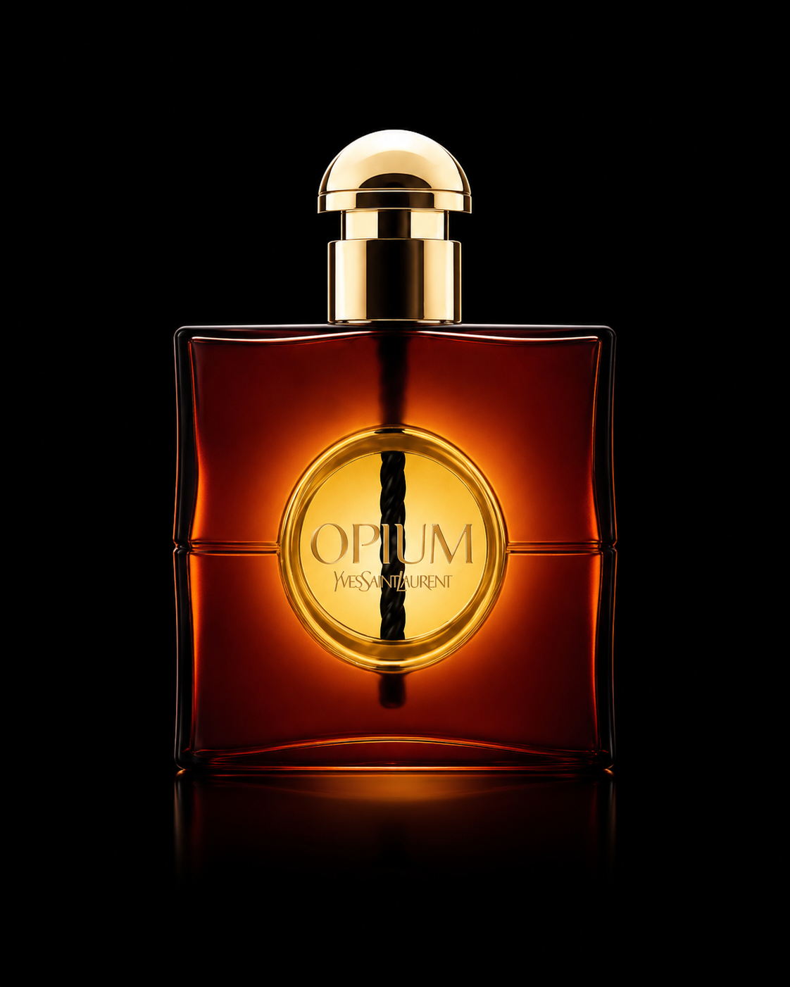 Flacon de parfum Opium Yves Saint Laurent avec un design rectangulaire en verre marron foncé et un bouchon doré, sur fond noir.