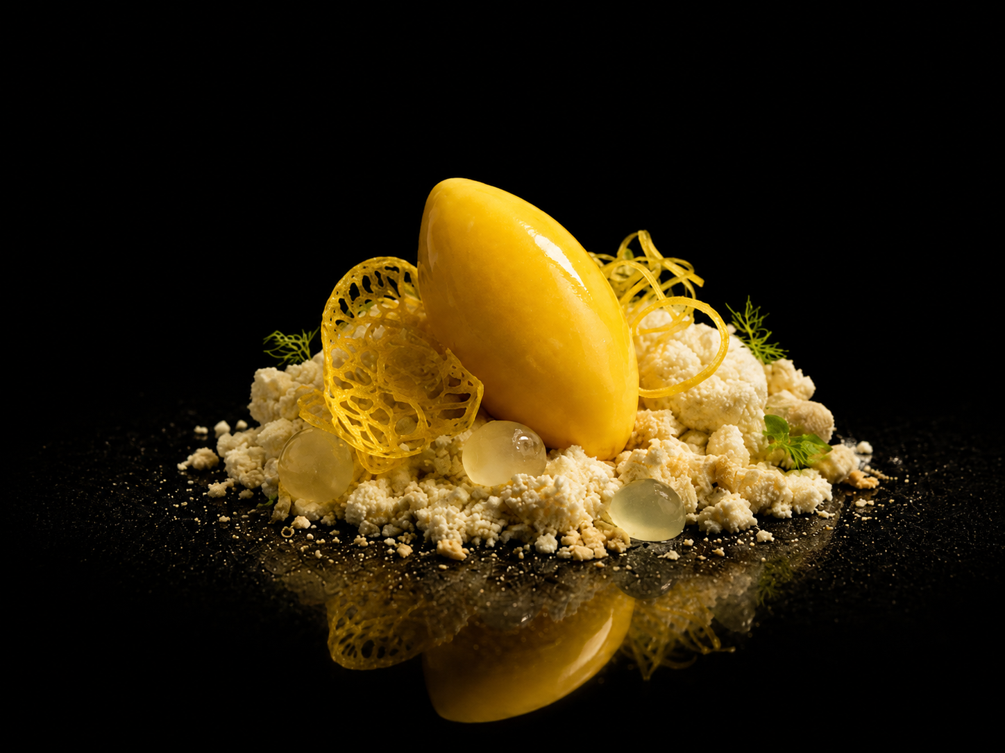 Dessert sophistiqué avec une galerie de textures et couleurs, comprenant une coque de pâte jaune, des éléments en gelée ou sirop, des morceaux croustillants et des garnitures vertes et blanches, présenté sur un fond noir.