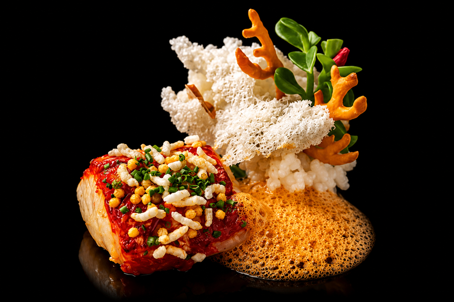 Assiette de plats gastronomiques avec de la viande sucrée, des légumes, et une mousse mousseuse, présentés avec des épices et des garnitures décoratives. Fond noir.