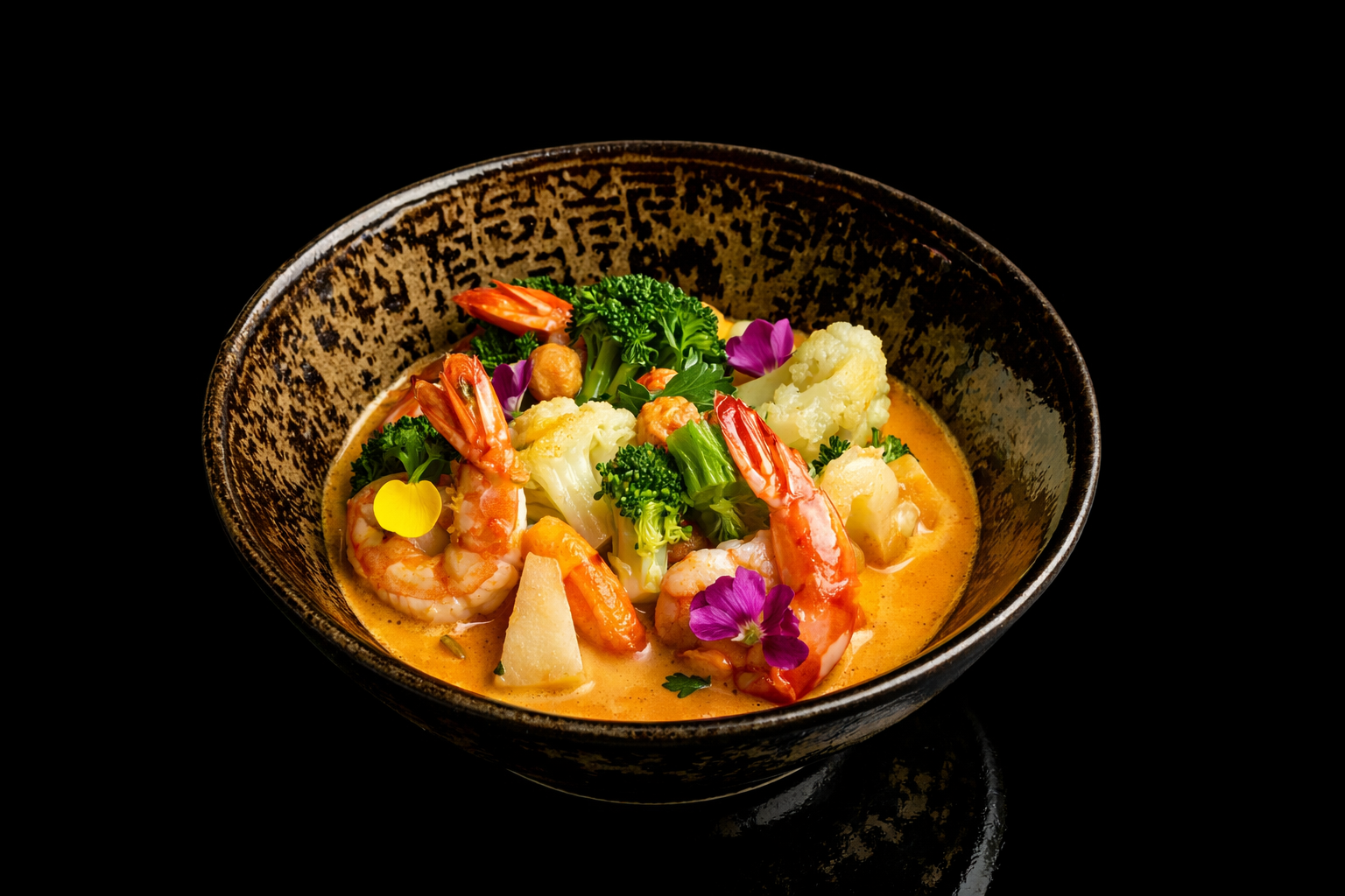 Bol with shrimp, broccoli, cauliflower, purple flowers, and a creamy orange sauce.