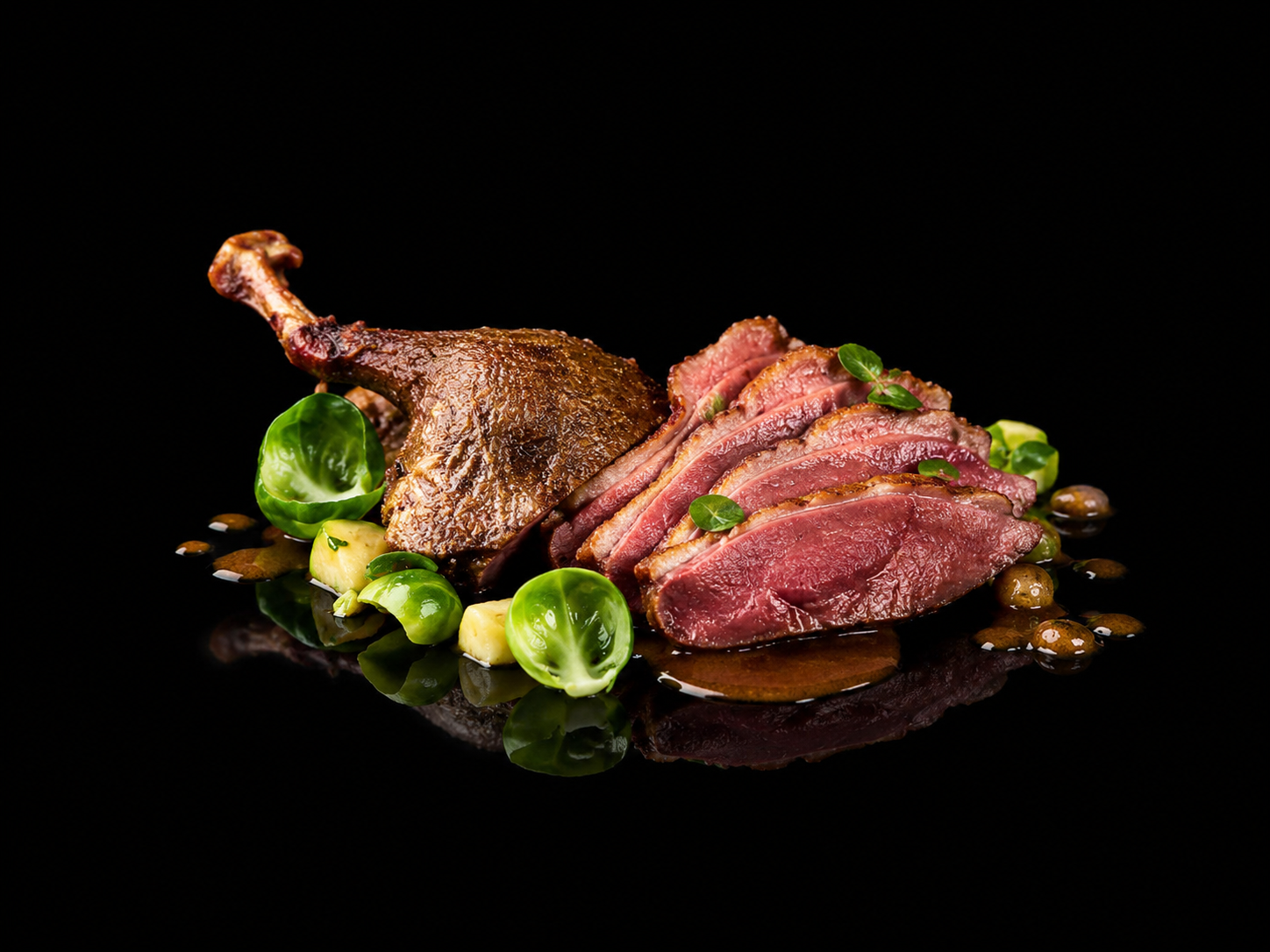 Magret de canard rosé tranché accompagné de jeunes pousses vertes, brocolis, pimprenelles et sauce brillante, présenté sur un fond noir.