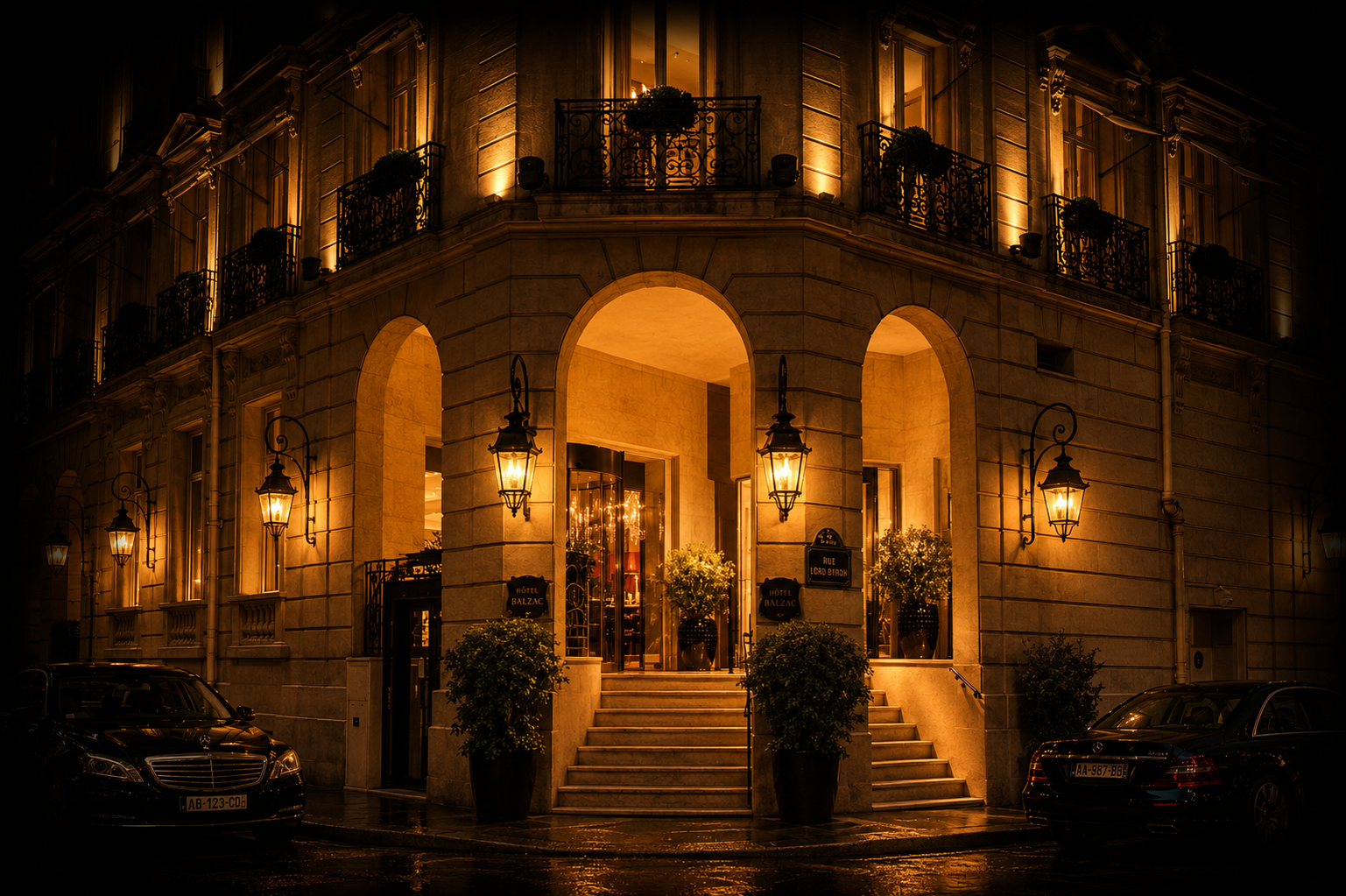 Un bâtiment hôtelier élégant éclairé avec des lampes d'extérieur et une façade en pierre, doté d'arches à l'entrée, de balcons avec des plantes en pot, et de voitures de luxe stationnées devant.