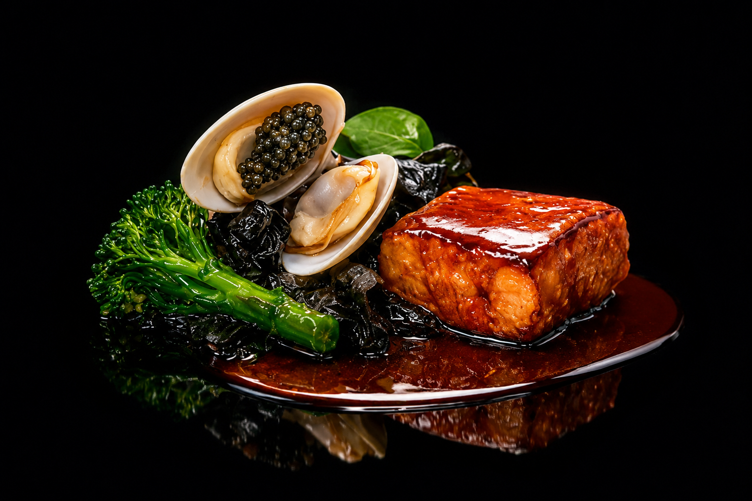 Plat gastronomique avec un carré de viande, coquilles Saint-Jacques, brocolis et végétaux noirs sur un fond noir