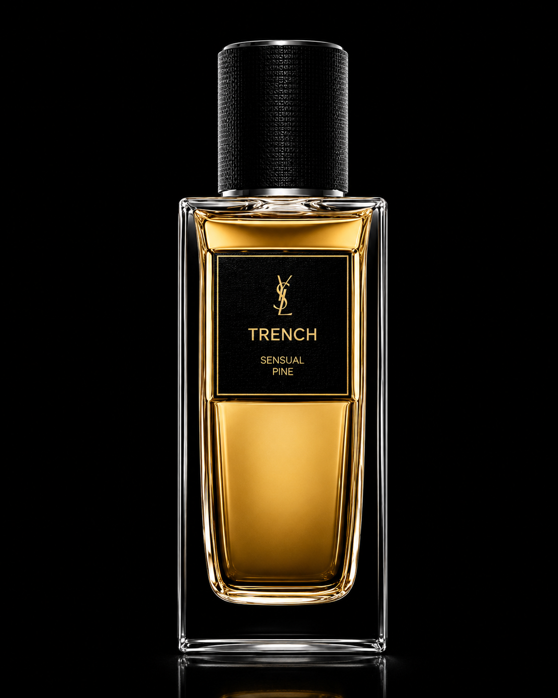 Flacon de parfum Yves Saint Laurent Trench Sensual Pine sur fond noir.