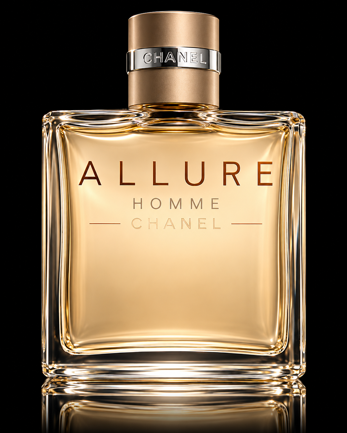 Flacon de parfum Chanel Allure Homme, avec un design luxueux en verre, bouchon doré, fond noir, et inscription 'Allure Homme Chanel' sur le flacon.