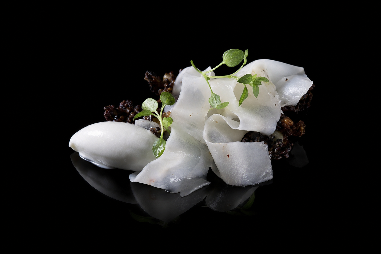 Plat gourmet avec de la crème blanc, des micro-pousses et des copeaux de fromage noir sur fond noir