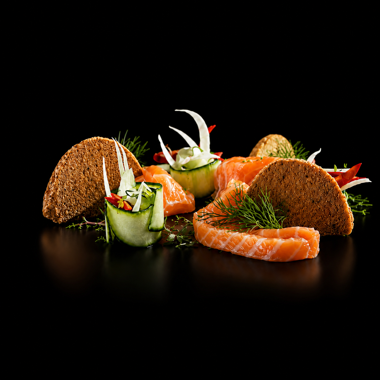 Assiette de saumon fumé, crackers, concombre enroulé avec des légumes et des herbes fraîches, sur fond noir.