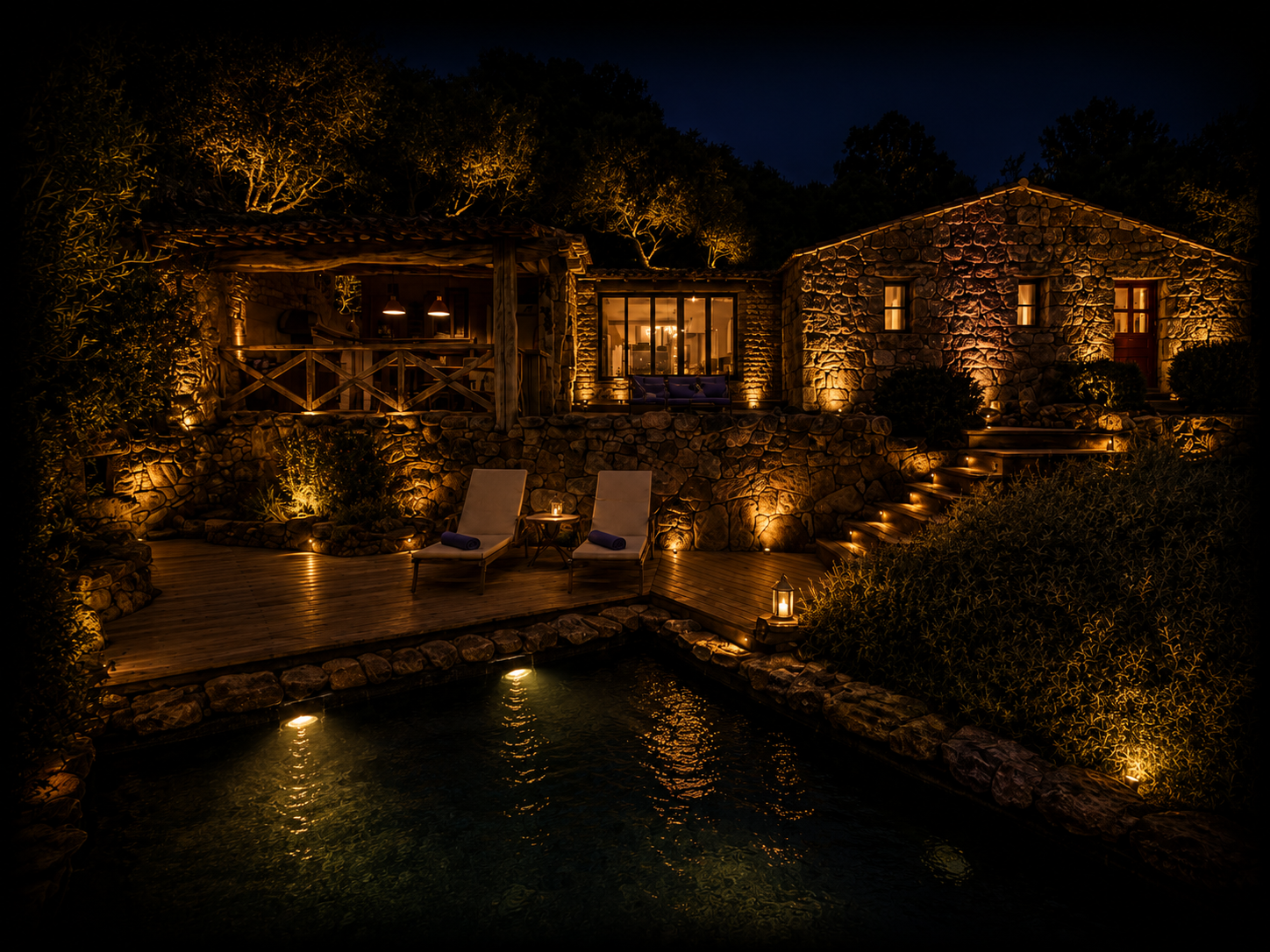 Maison en pierre illuminée la nuit, avec un patio en bois, des chaises longues, un jacuzzi, et un éclairage chaleureux entouré de végétation.